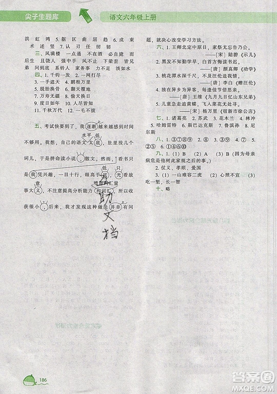 2019年尖子生題庫(kù)語(yǔ)文六年級(jí)上冊(cè)部編人教版參考答案