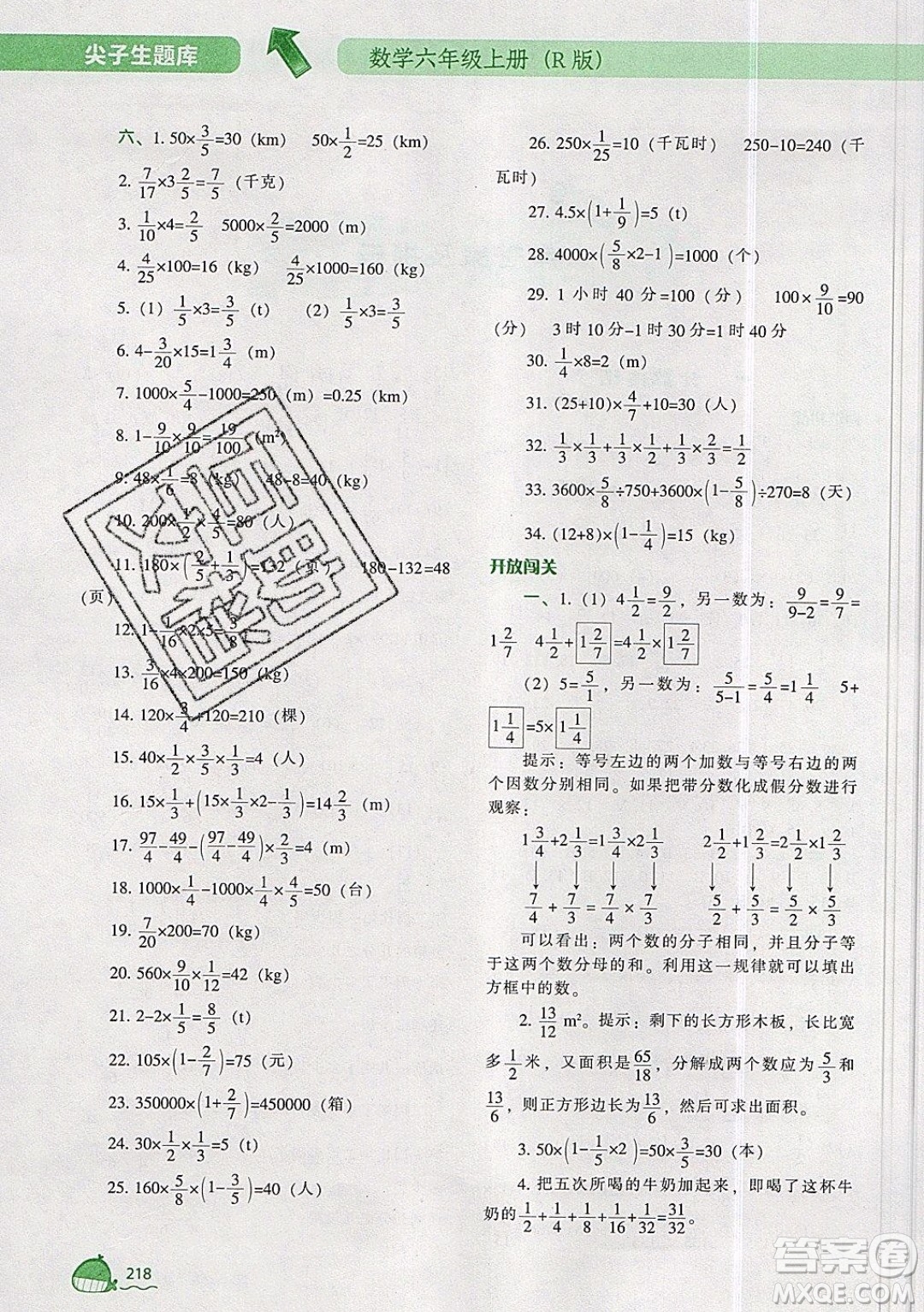 2019年尖子生題庫(kù)數(shù)學(xué)六年級(jí)上冊(cè)R版人教版參考答案
