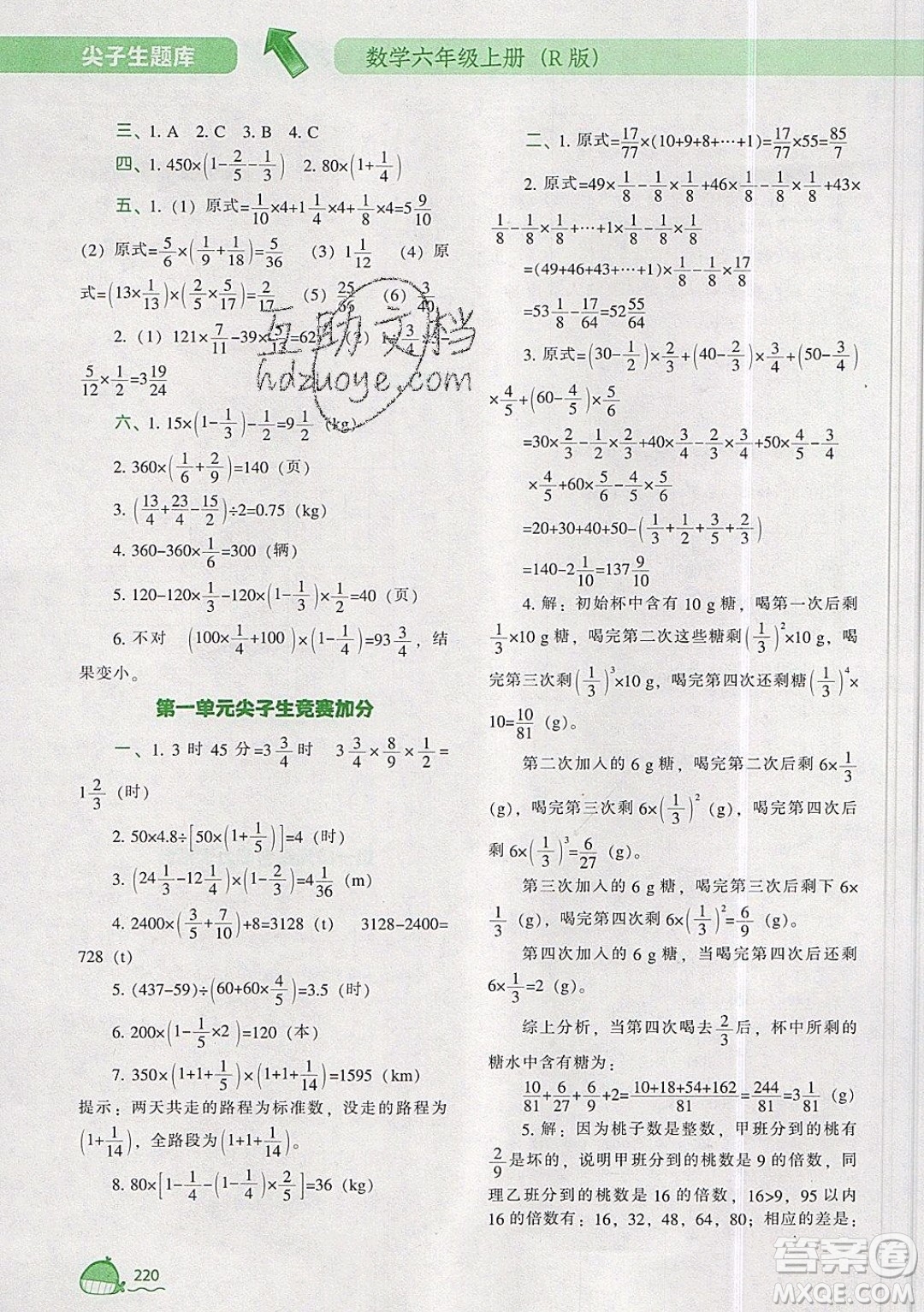 2019年尖子生題庫(kù)數(shù)學(xué)六年級(jí)上冊(cè)R版人教版參考答案