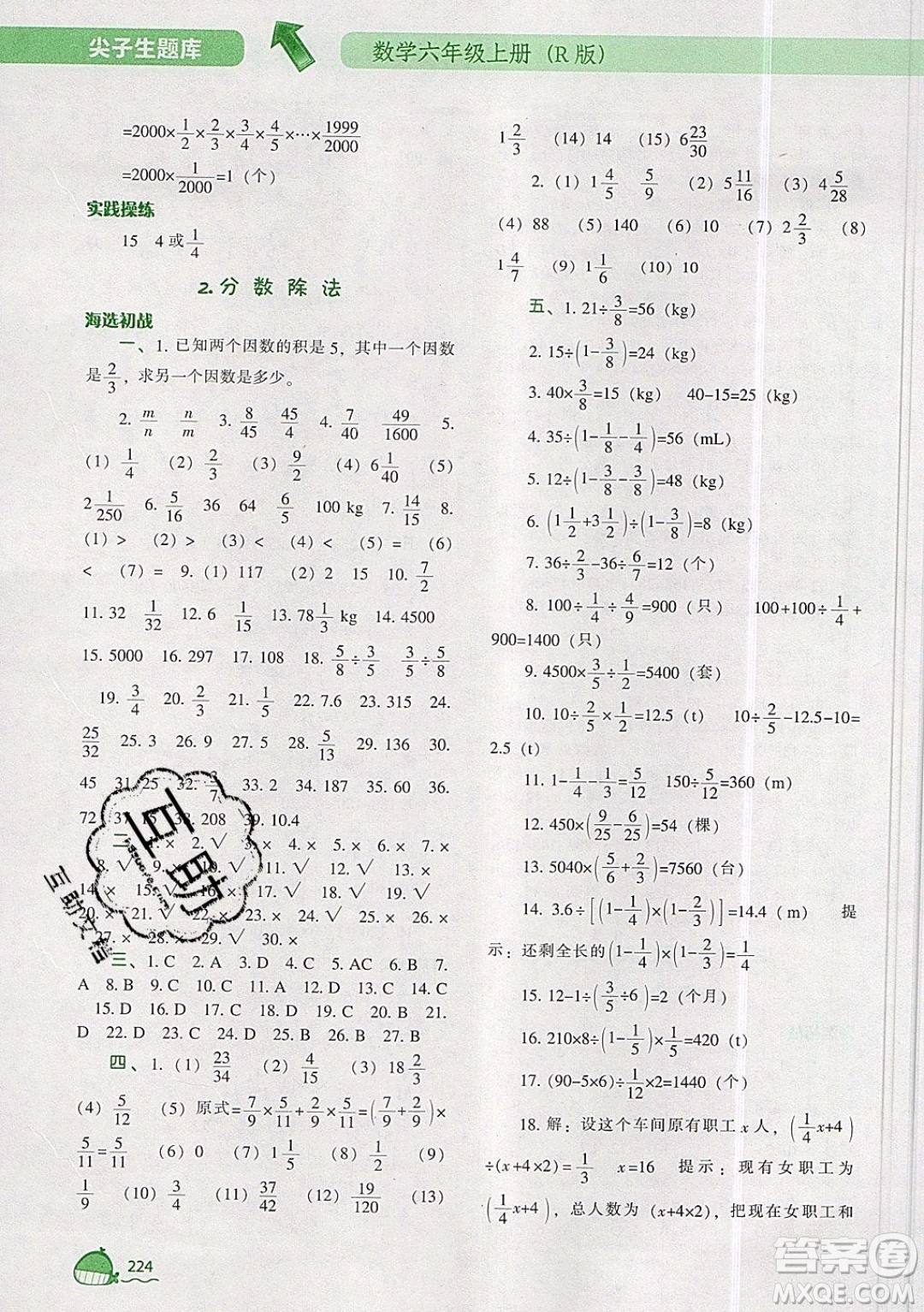 2019年尖子生題庫(kù)數(shù)學(xué)六年級(jí)上冊(cè)R版人教版參考答案