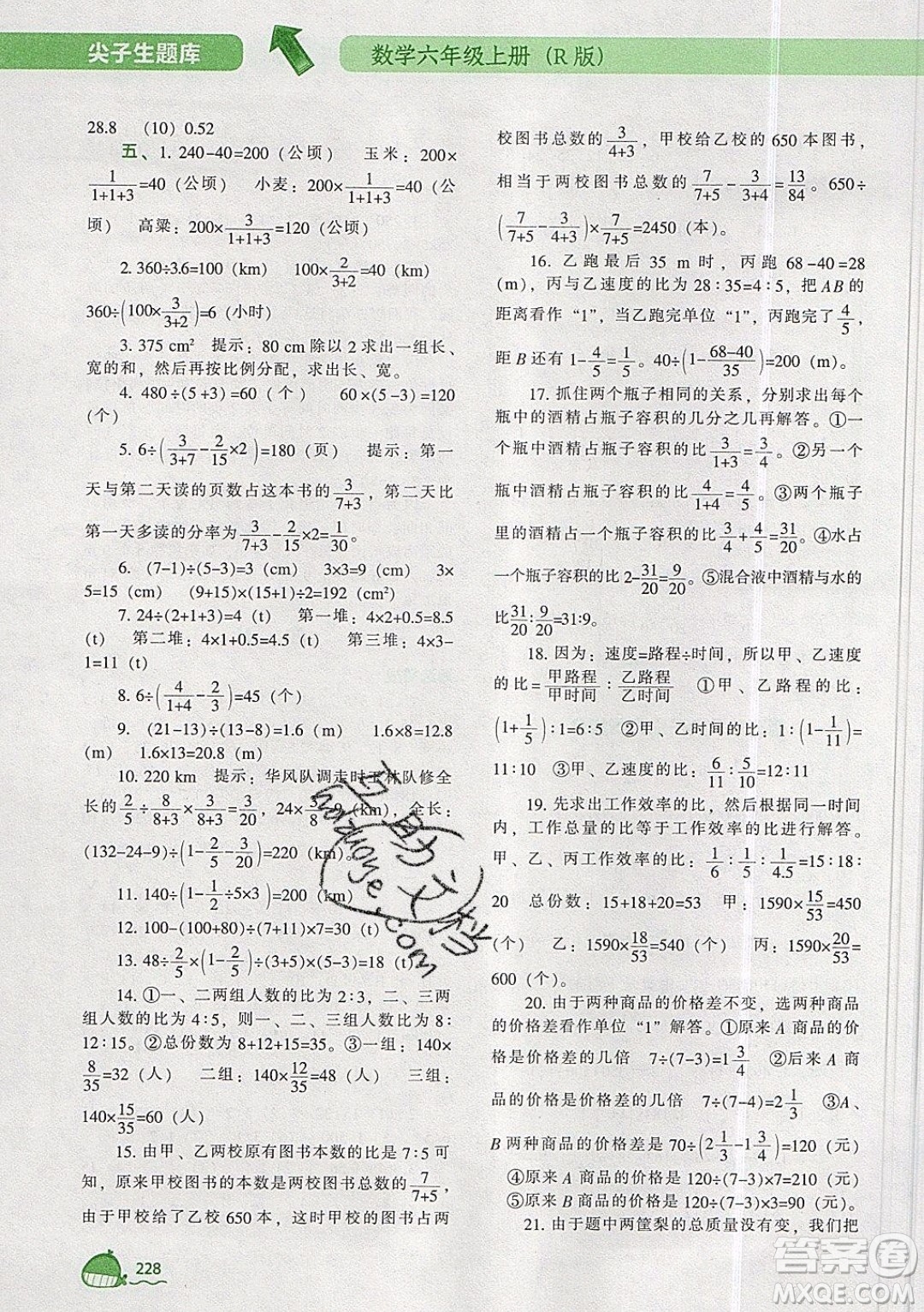 2019年尖子生題庫(kù)數(shù)學(xué)六年級(jí)上冊(cè)R版人教版參考答案