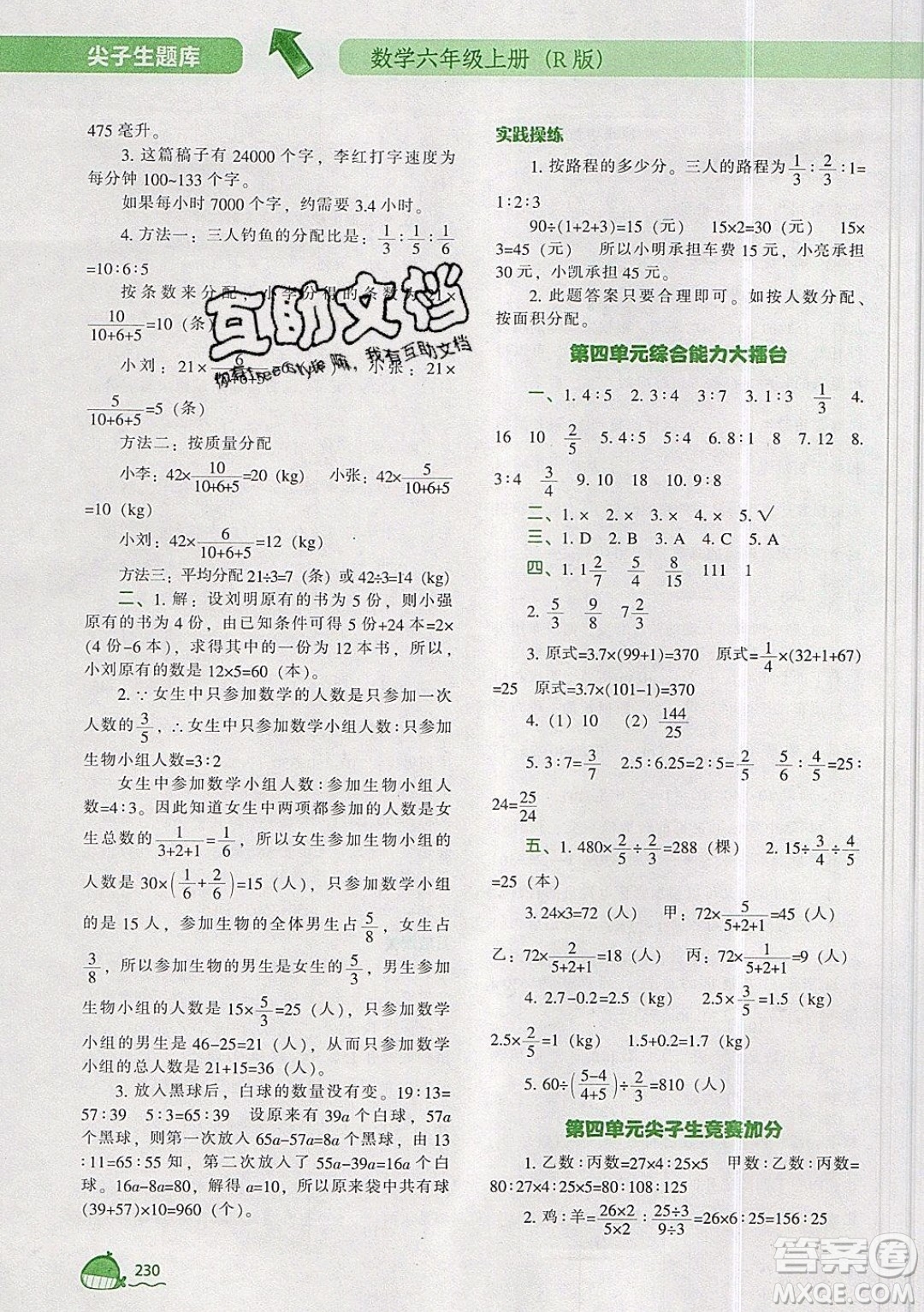 2019年尖子生題庫(kù)數(shù)學(xué)六年級(jí)上冊(cè)R版人教版參考答案
