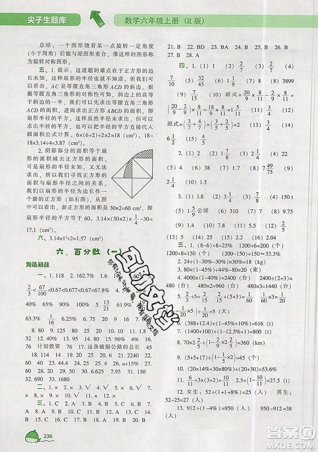 2019年尖子生題庫(kù)數(shù)學(xué)六年級(jí)上冊(cè)R版人教版參考答案