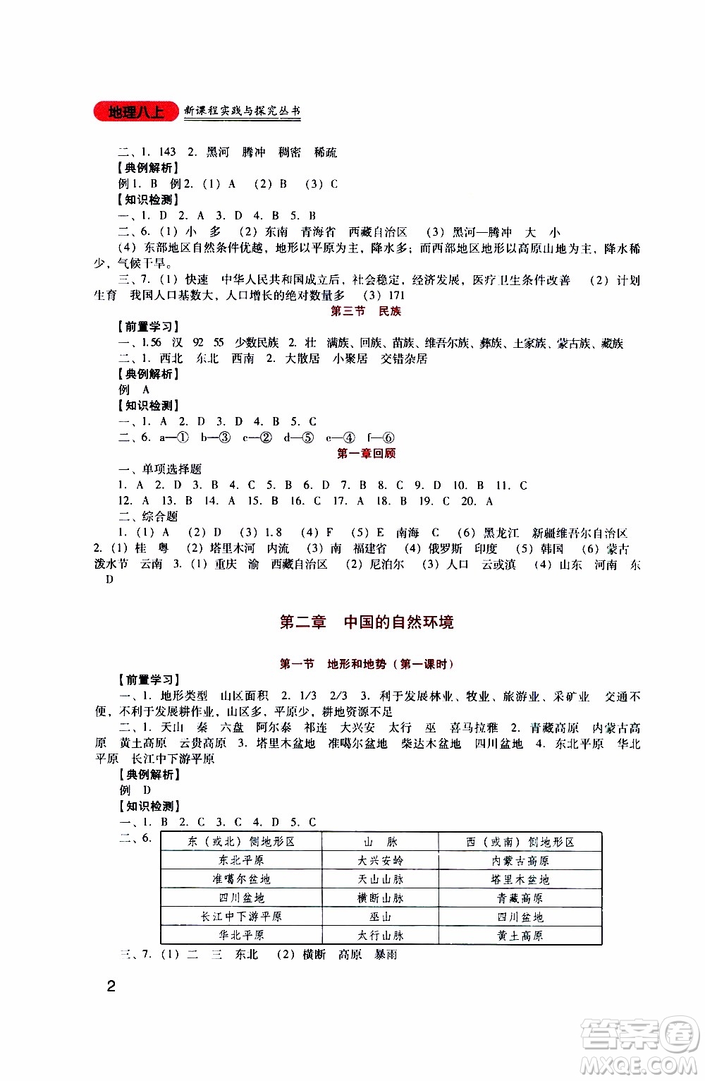 2019年新課程實踐與探究叢書地理八年級上冊人教版參考答案