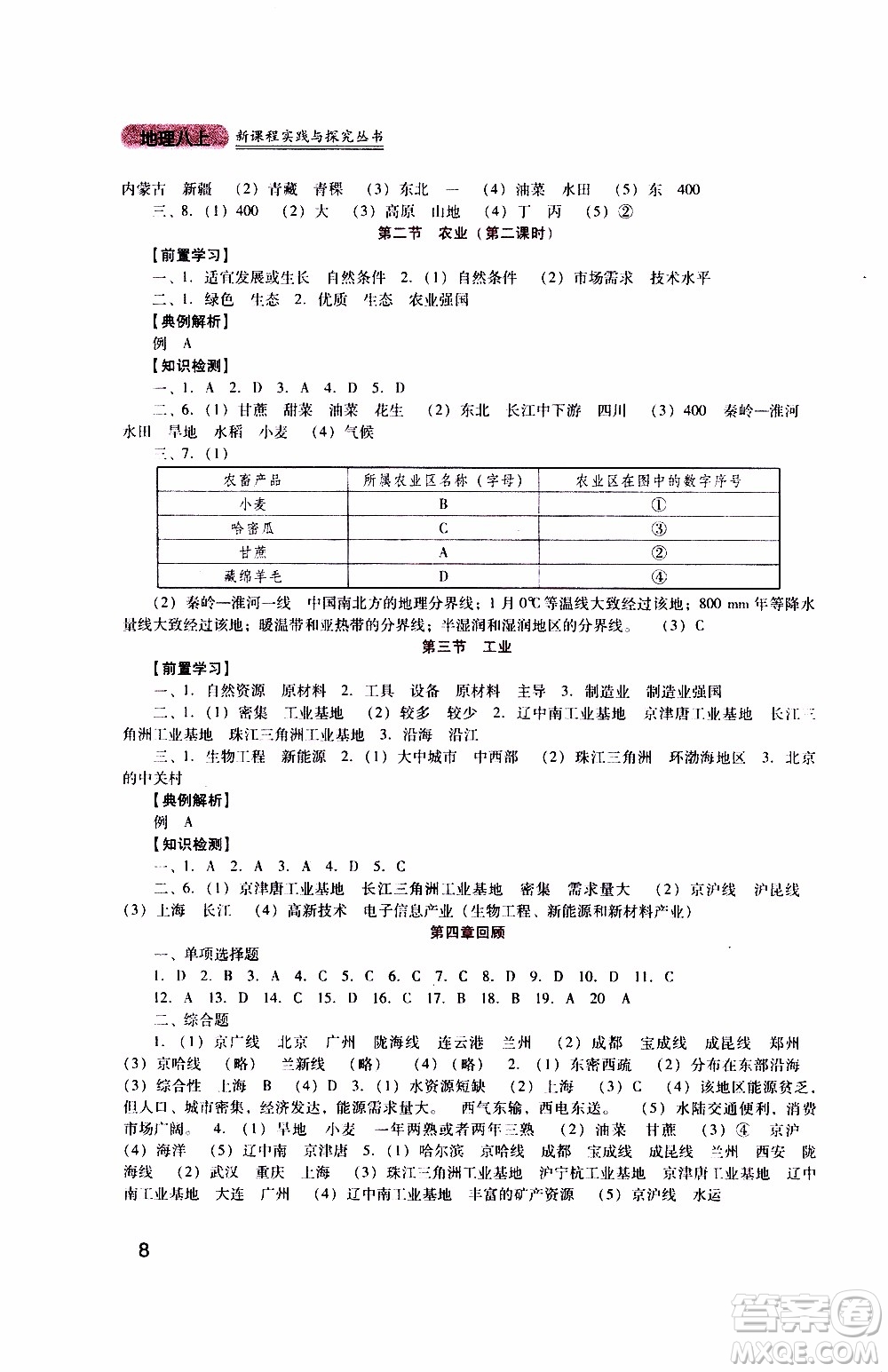 2019年新課程實踐與探究叢書地理八年級上冊人教版參考答案
