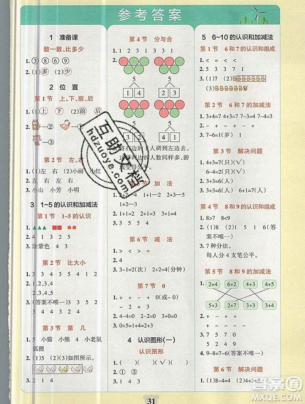 陜西師范大學(xué)出版社2019年小學(xué)學(xué)霸沖A卷一年級(jí)數(shù)學(xué)上冊(cè)人教版答案