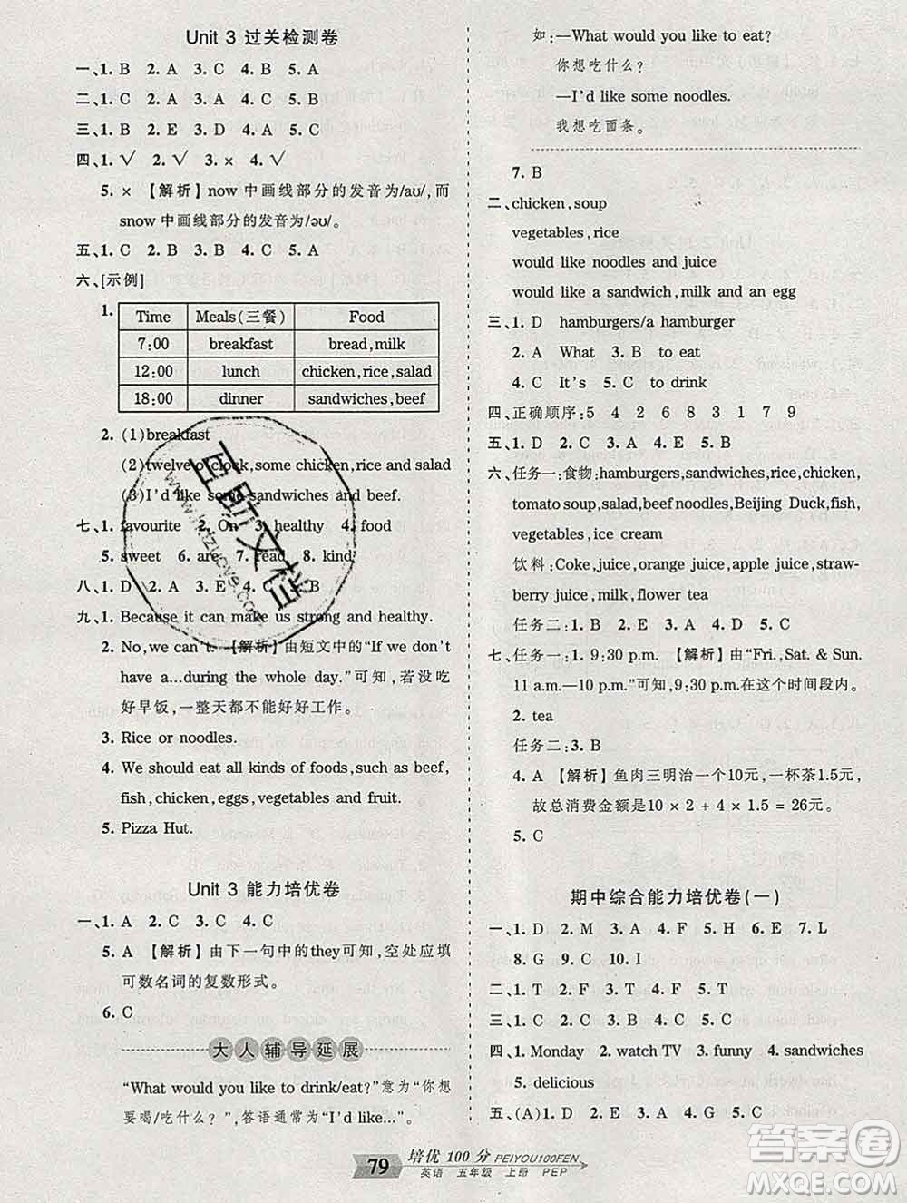 2019秋人教版王朝霞培優(yōu)100分五年級(jí)英語(yǔ)上冊(cè)答案