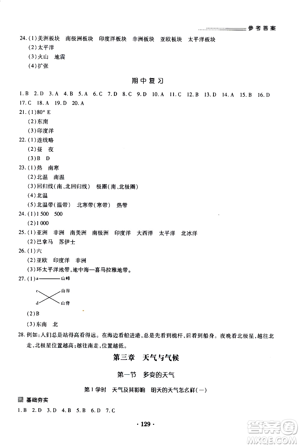 2019年一課一練創(chuàng)新練習(xí)地理七年級上冊人教版參考答案