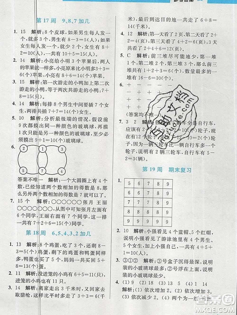 2019秋超能學典小學數(shù)學附加題提優(yōu)能手一年級上冊江蘇版答案