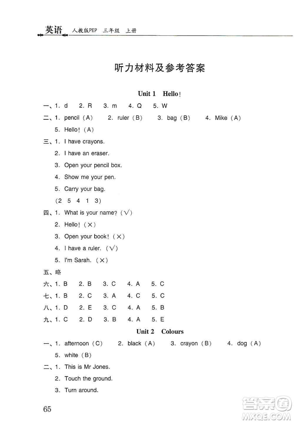 晨光出版社2019晨光全優(yōu)小學單元達標與歸類復習檢測卷三年級英語上冊人教版PEP答案