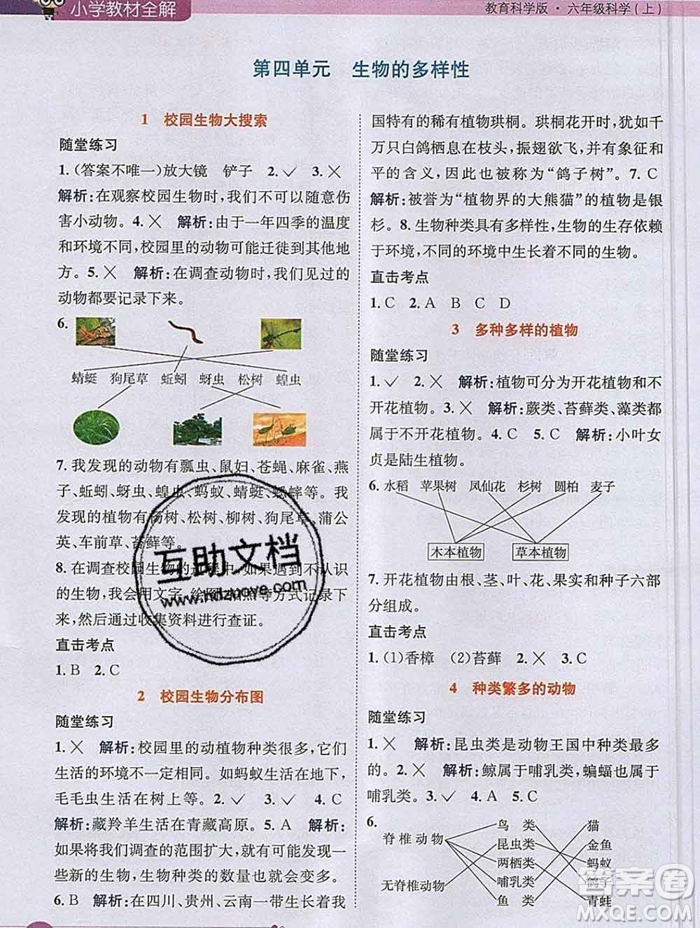 陜西人民教育出版社2019秋小學(xué)教材全解六年級科學(xué)上冊教科版答案