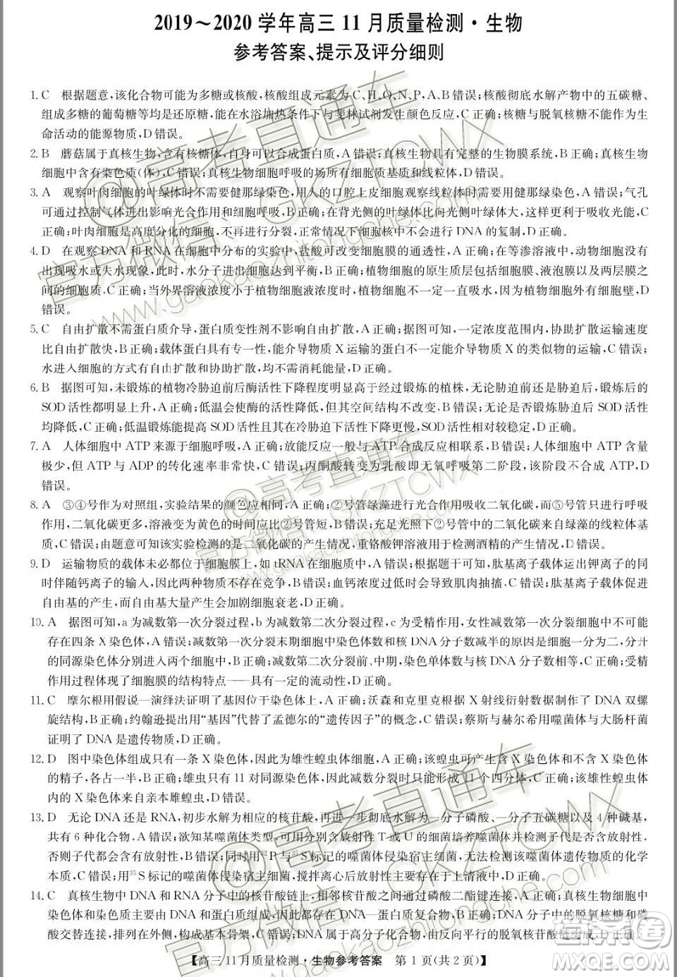 九師聯(lián)盟2019-2020學(xué)年高三11月質(zhì)量監(jiān)測(cè)生物答案