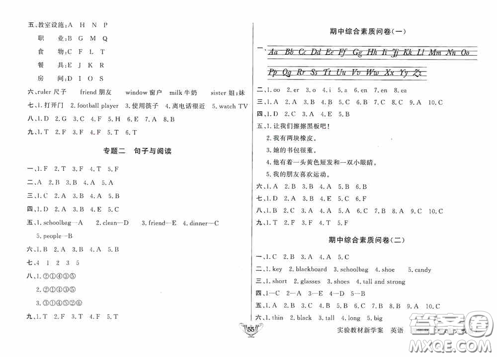 陜西人民出版社2019實驗教材新學案四年級上冊英語PEP版答案