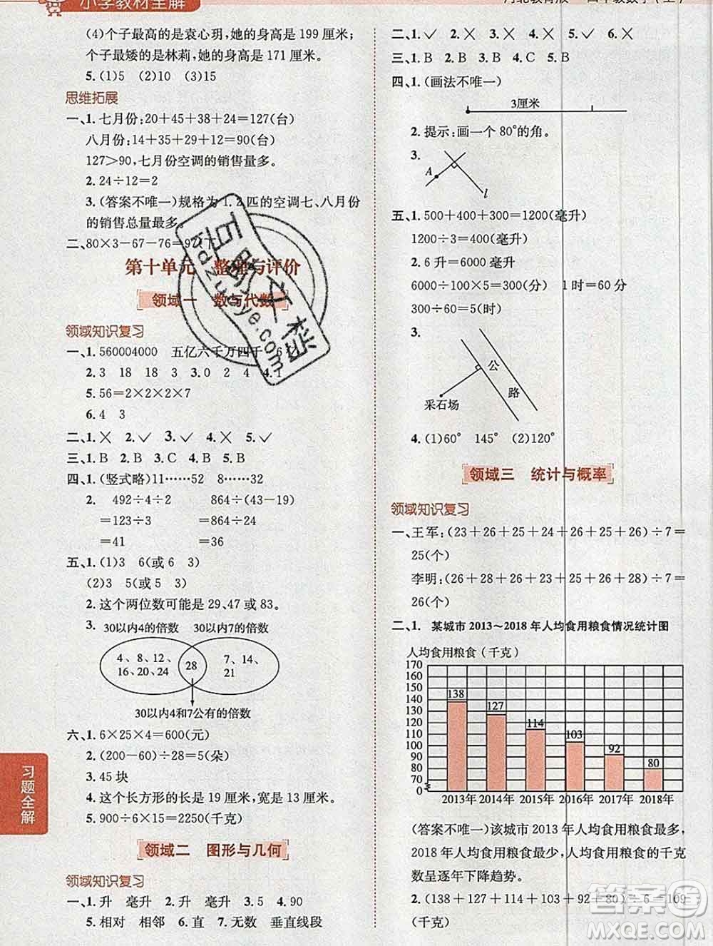 陜西人民教育出版社2019秋小學(xué)教材全解四年級數(shù)學(xué)上冊冀教版答案
