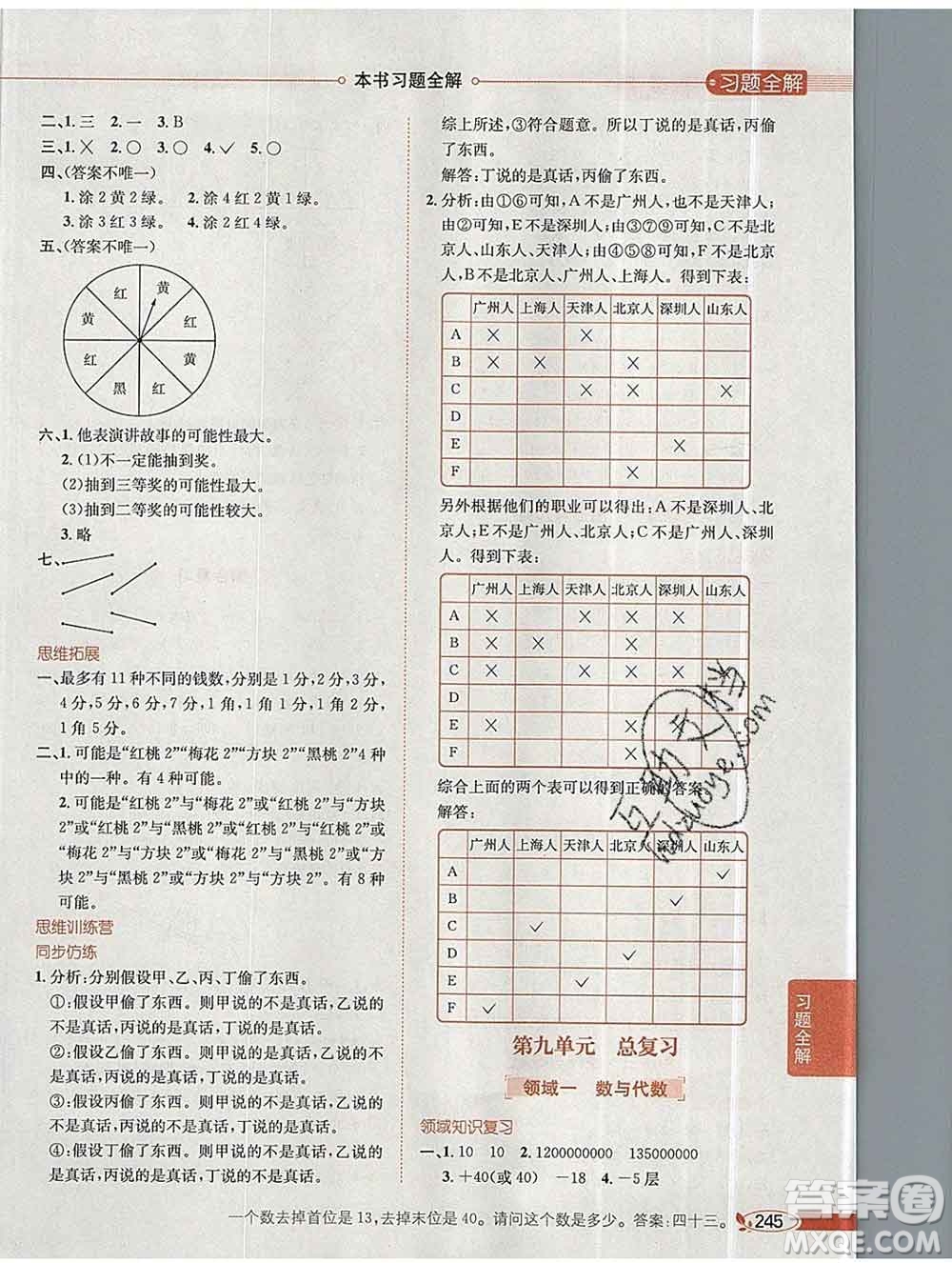陜西人民教育出版社2019秋小學教材全解四年級數(shù)學上冊北師版答案