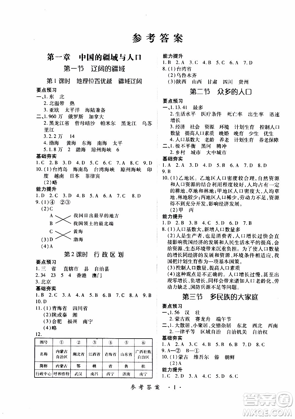 領(lǐng)航新課標(biāo)2019年一課一練創(chuàng)新練習(xí)八年級上冊地理商務(wù)星球版參考答案