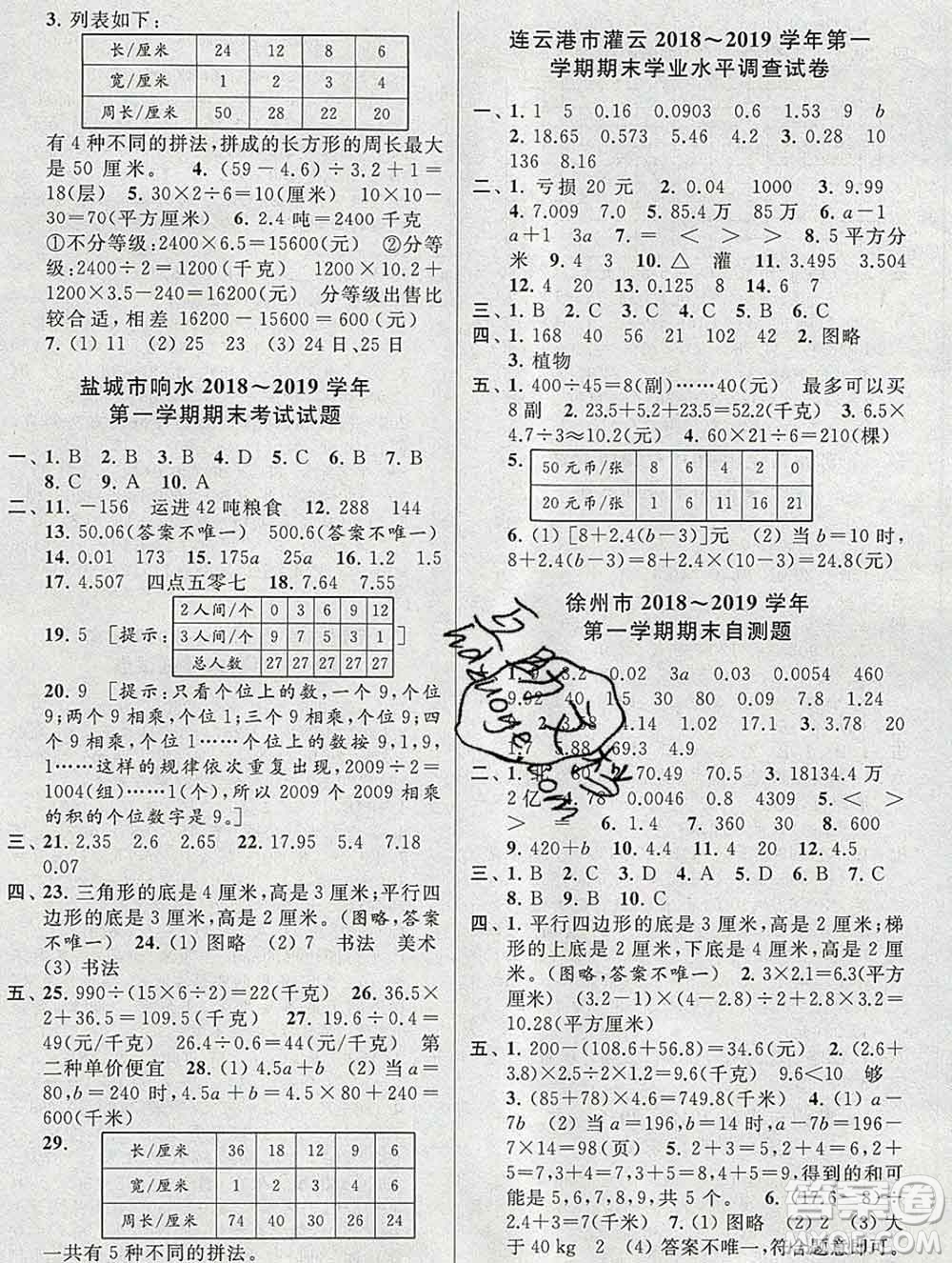 新世紀出版社2019年同步跟蹤全程檢測五年級數(shù)學上冊蘇教版答案