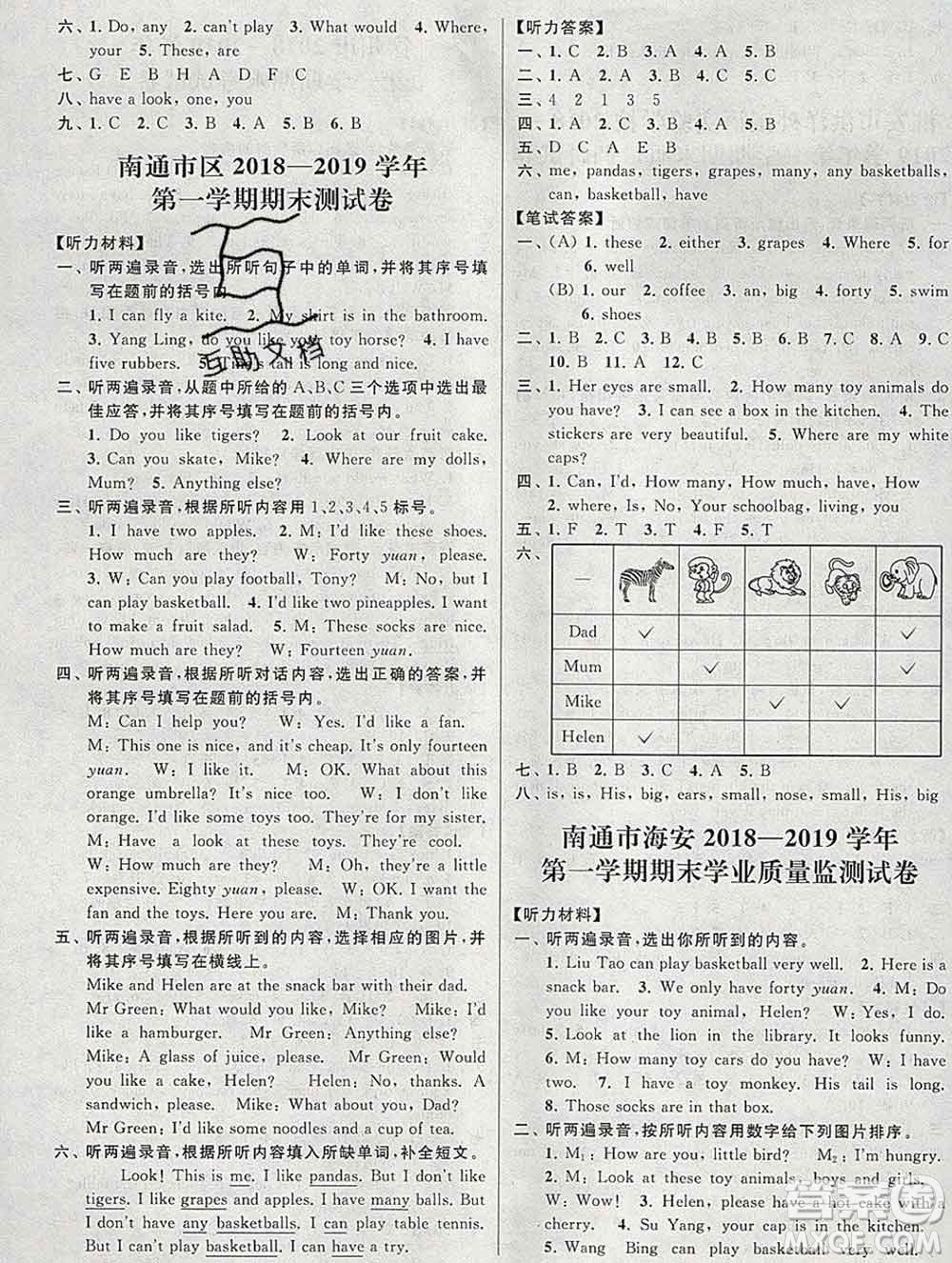 新世紀(jì)出版社2019年同步跟蹤全程檢測(cè)四年級(jí)英語(yǔ)上冊(cè)蘇教版答案