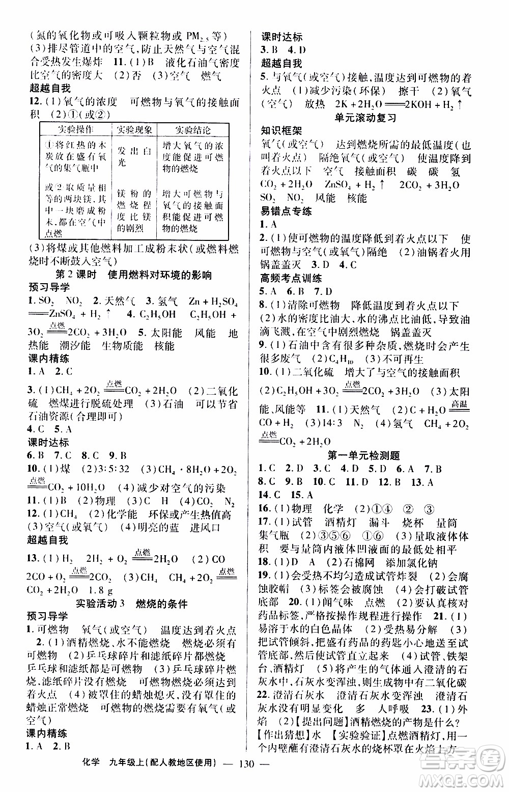 2019年黃岡金牌之路練闖考化學(xué)九年級(jí)上冊人教版參考答案