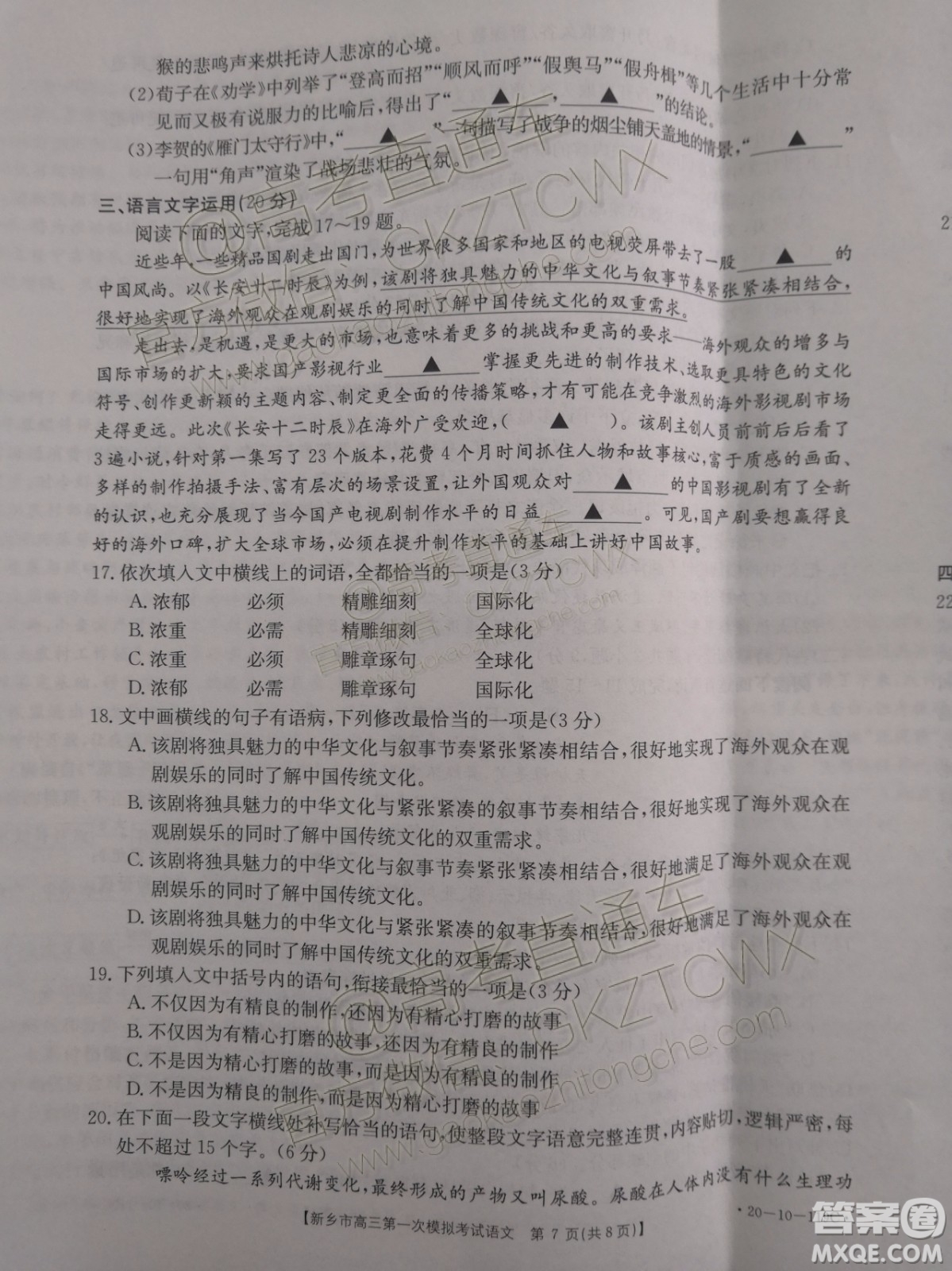 2020屆許昌平頂山新鄉(xiāng)市高三一模語(yǔ)文試題及參考答案