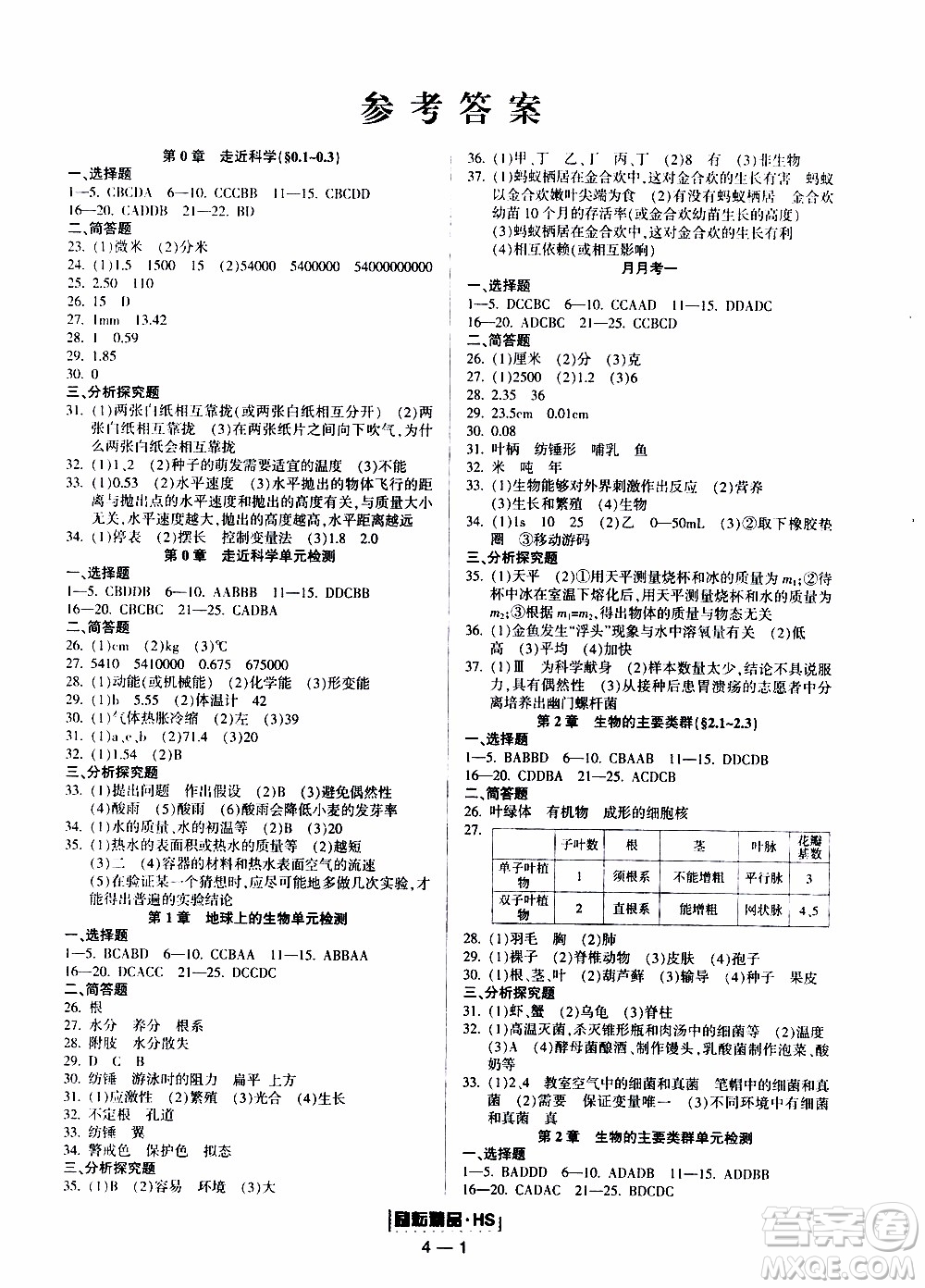 勵耘書業(yè)2019年勵耘活頁七年級上冊科學(xué)華師大版參考答案