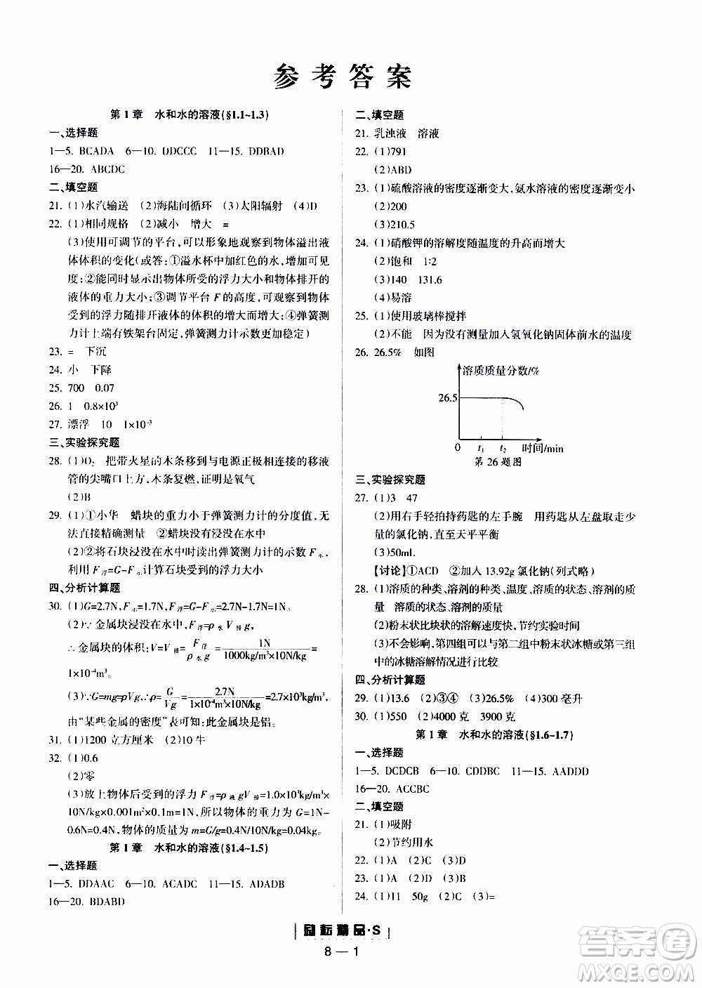 勵耘書業(yè)2019年勵耘活頁八年級上冊科學(xué)浙教版參考答案