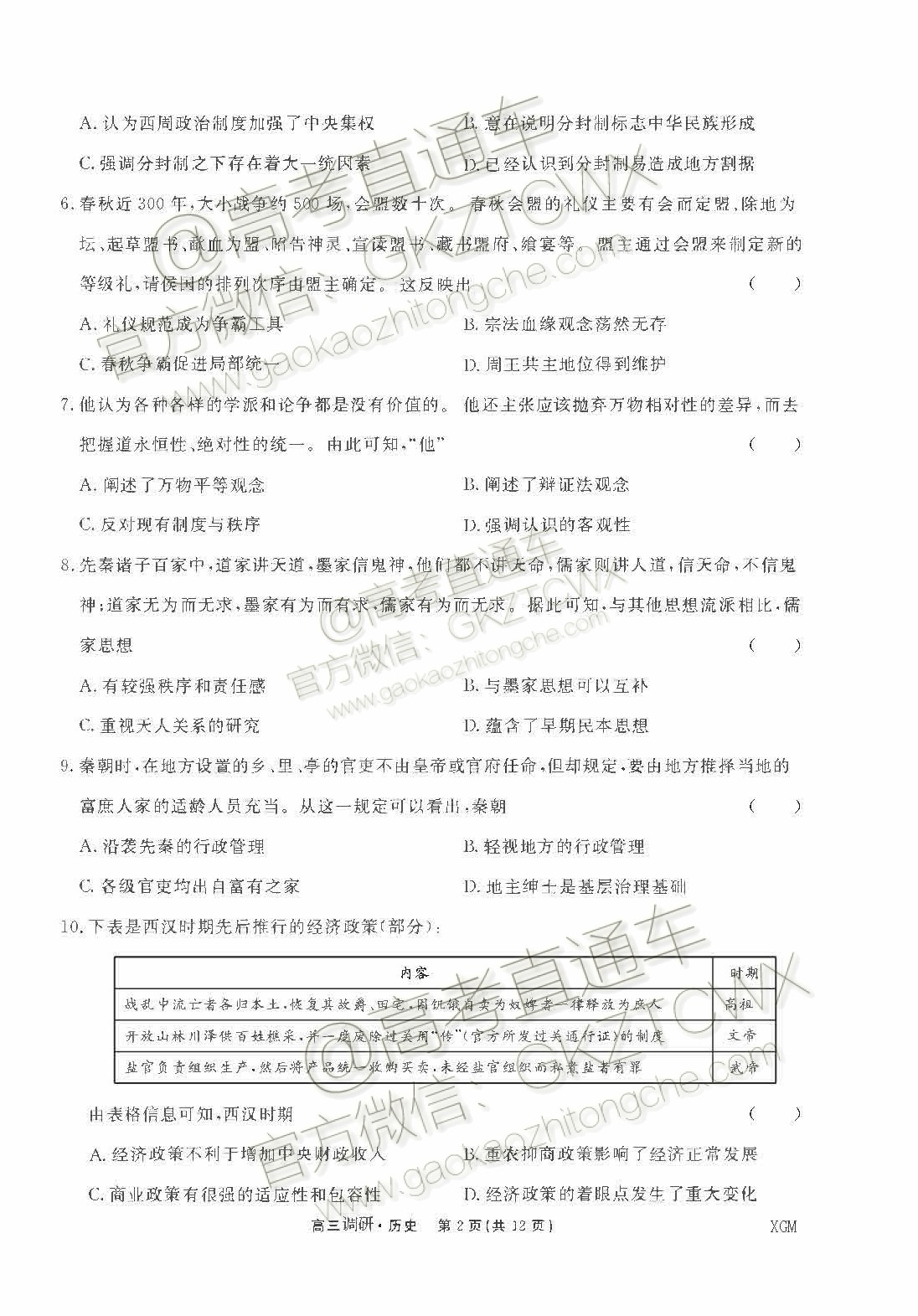 2020屆湘贛閩高三年級聯(lián)合調(diào)研考試歷史試題及參考答案
