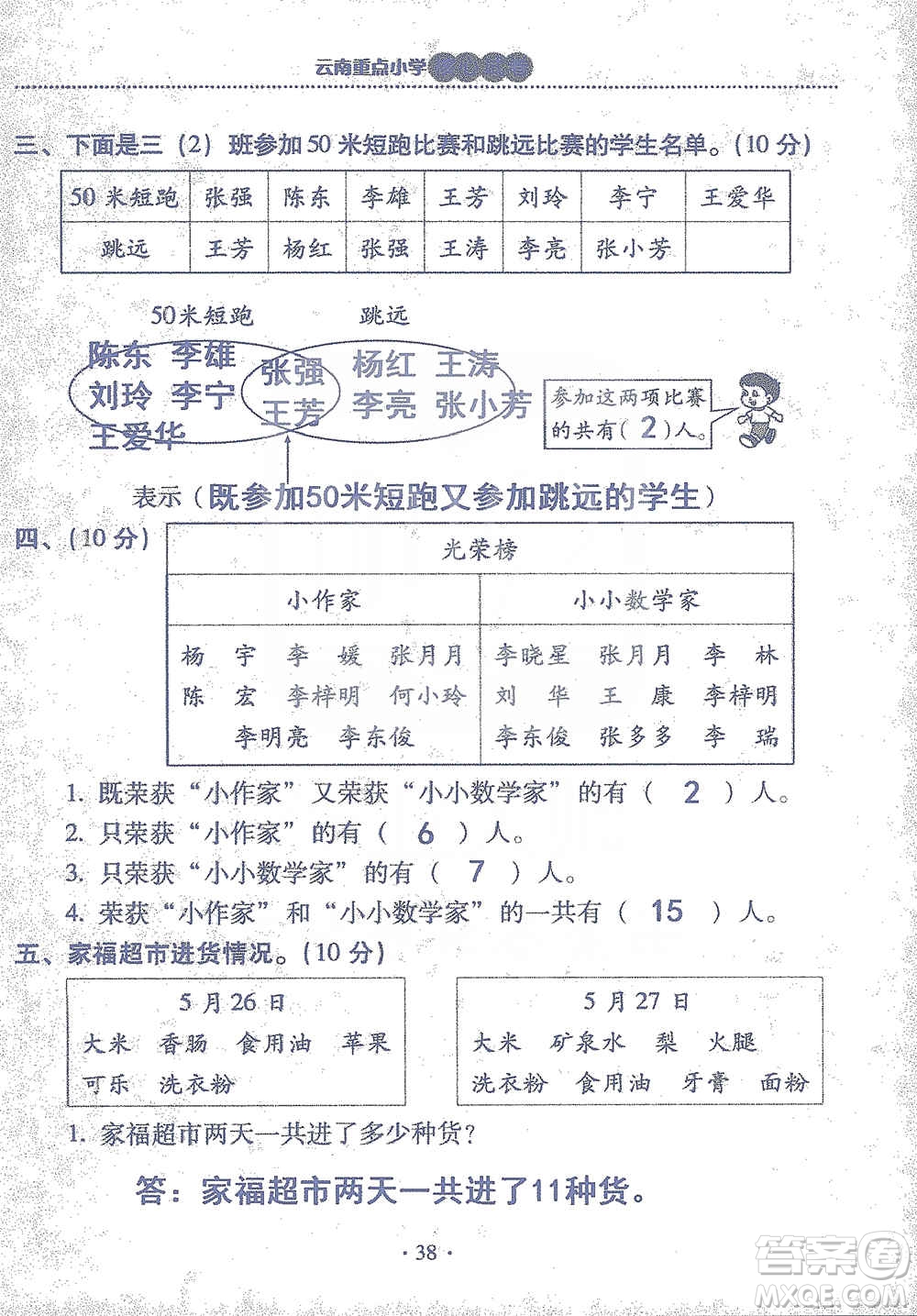 2019云南重點(diǎn)小學(xué)核心試卷三年級(jí)上冊(cè)數(shù)學(xué)人教版答案