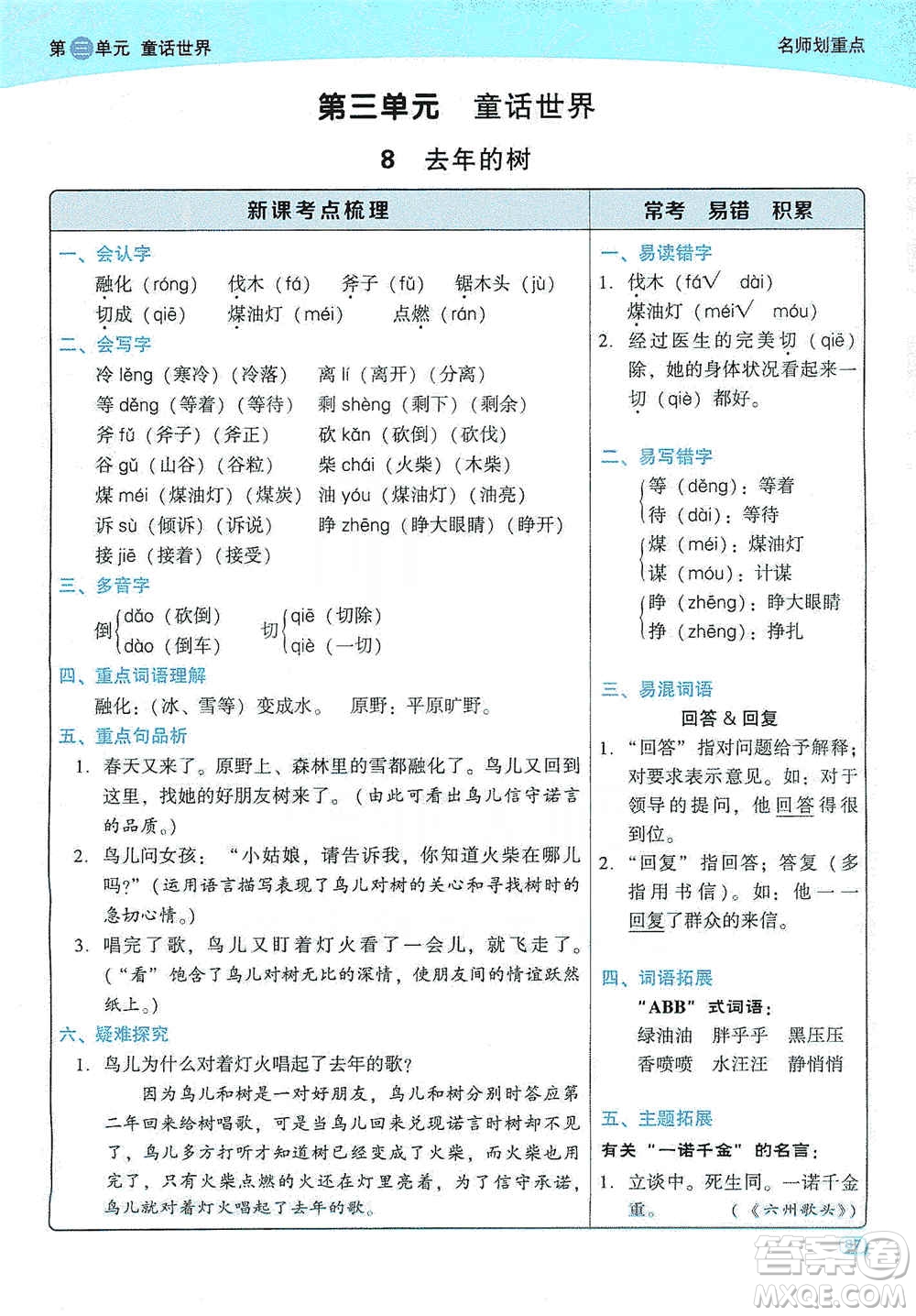 2019典中點(diǎn)名師劃重點(diǎn)三年級(jí)語(yǔ)文上冊(cè)人教版答案