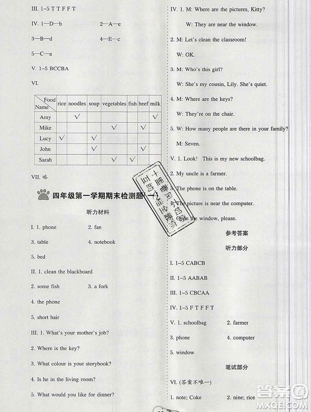 新疆文化出版社2019秋新版A+金題小學(xué)四年級英語上冊人教版答案