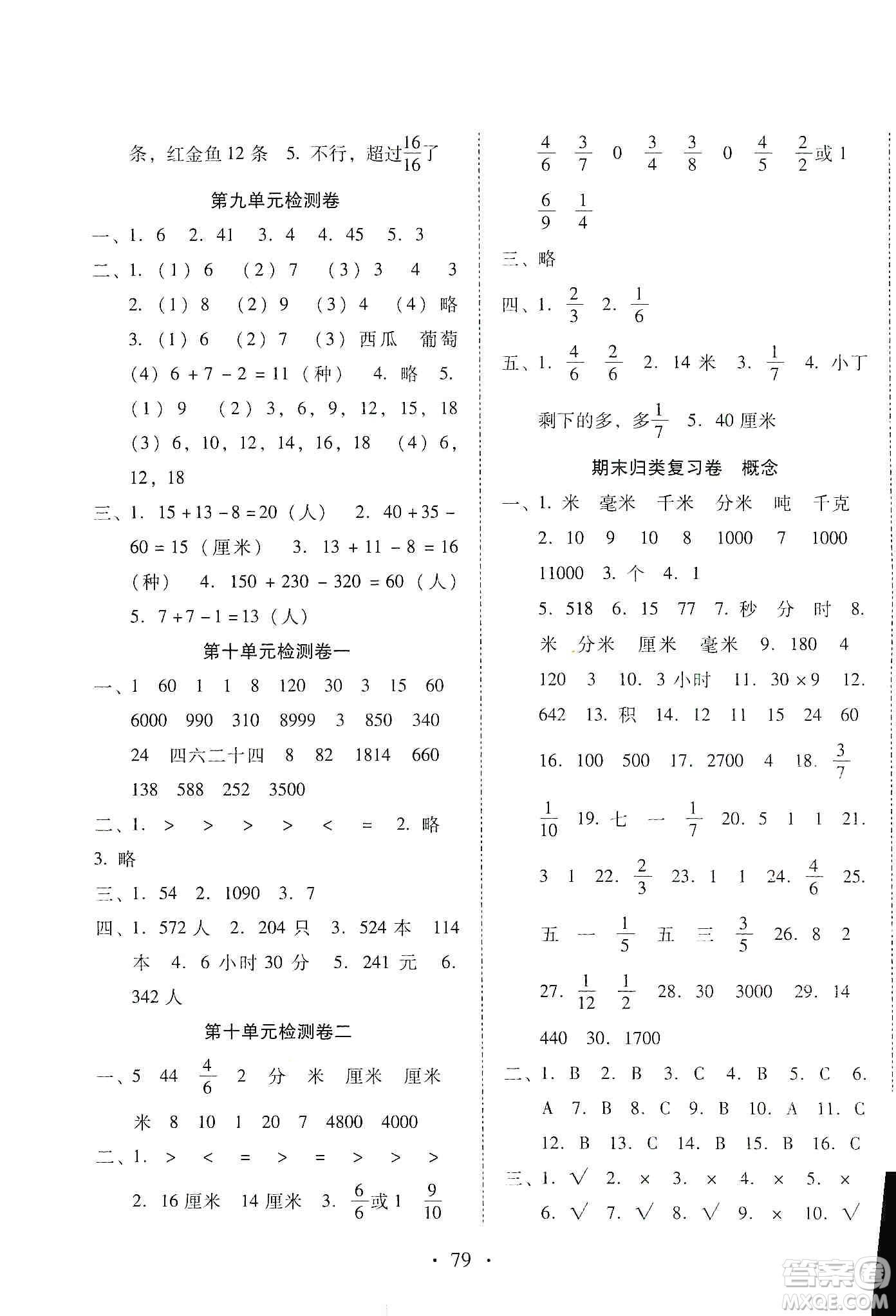 云南教育出版社2019金牌試卷秋一線名師提優(yōu)試卷三年級數(shù)學(xué)上冊答案