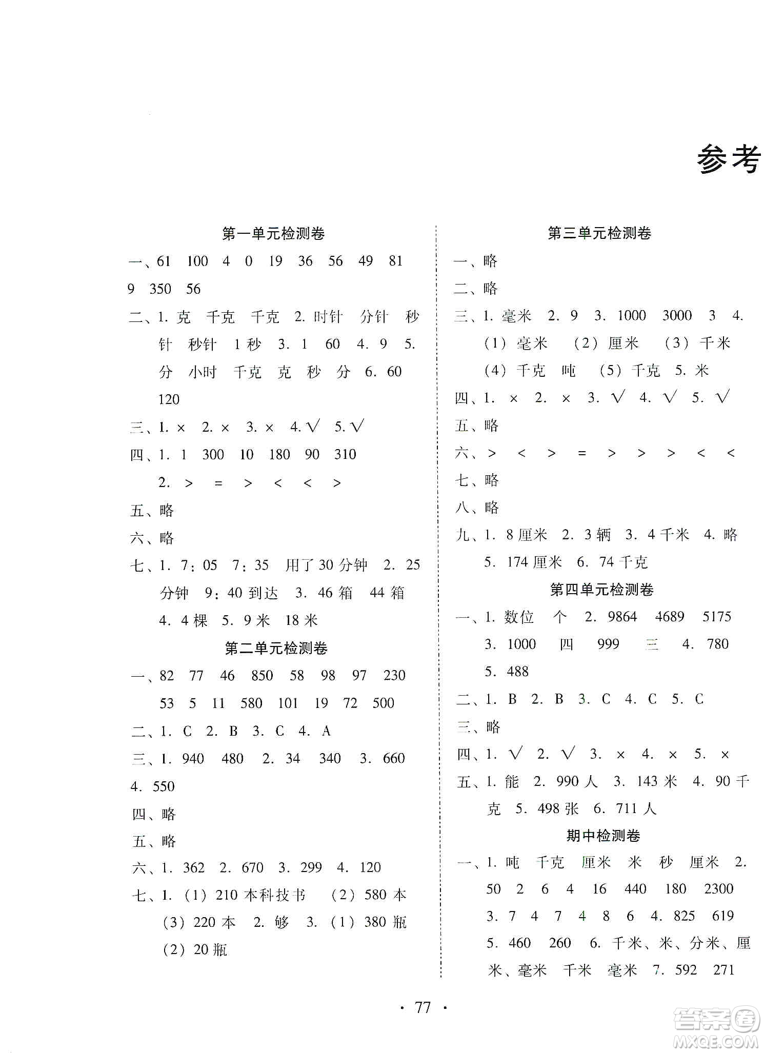 云南教育出版社2019金牌試卷秋一線名師提優(yōu)試卷三年級數(shù)學(xué)上冊答案
