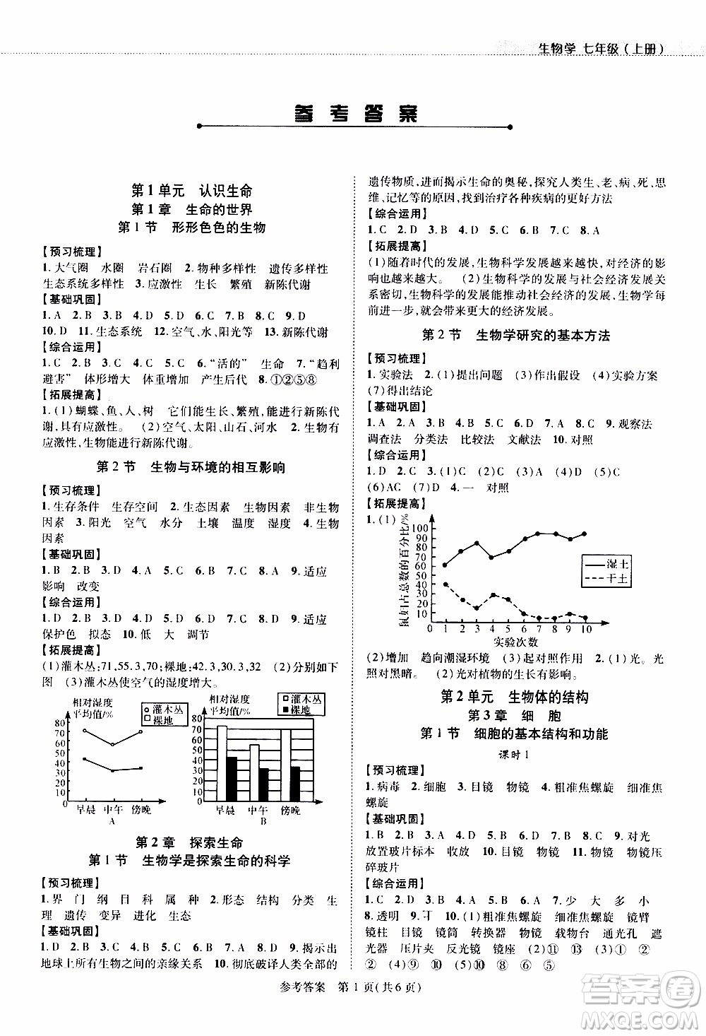 2019年新課程同步學案生物學七年級上冊北師大版參考答案