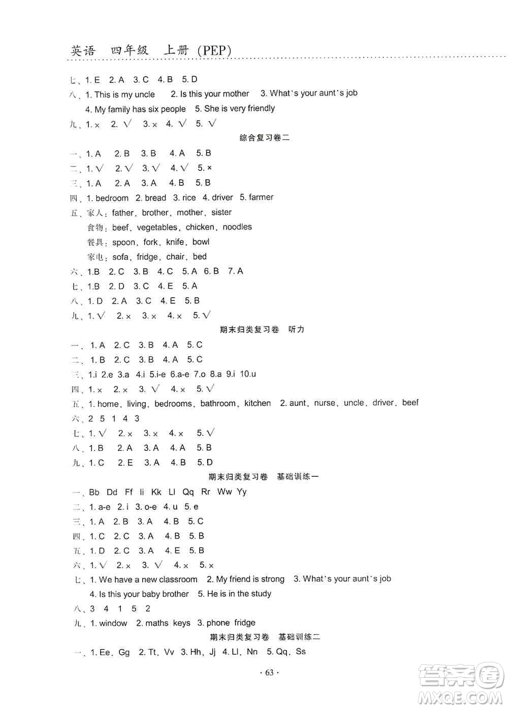 云南教育出版社2019金牌試卷秋一線名師提優(yōu)試卷四年級(jí)英語上冊(cè)PEP版答案