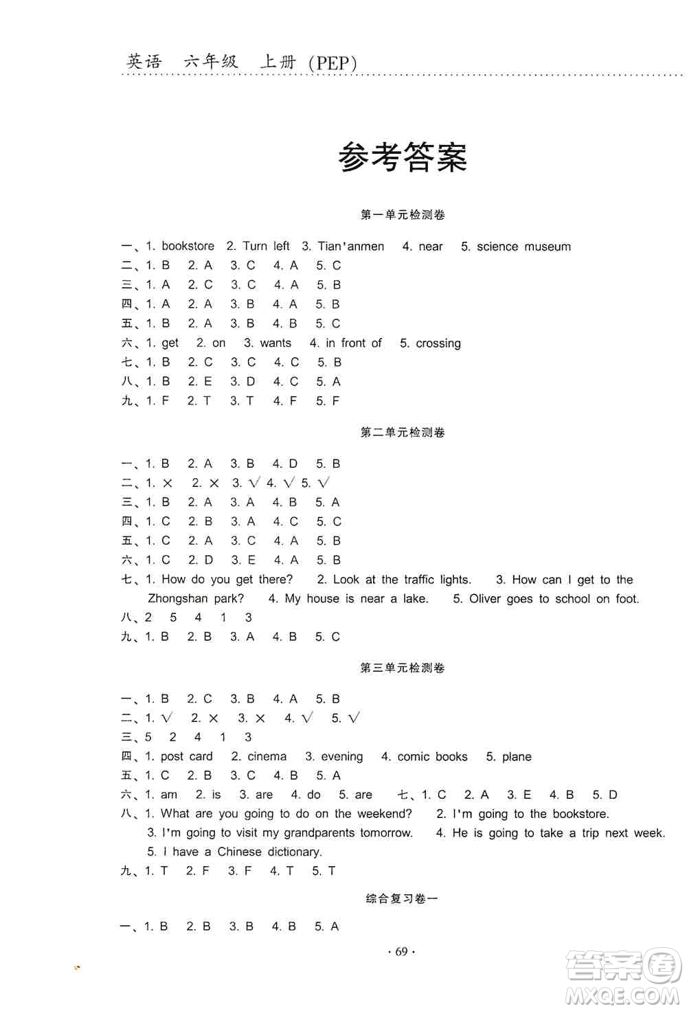 云南教育出版社2019金牌試卷秋一線名師提優(yōu)試卷六年級(jí)英語上冊(cè)PEP版答案