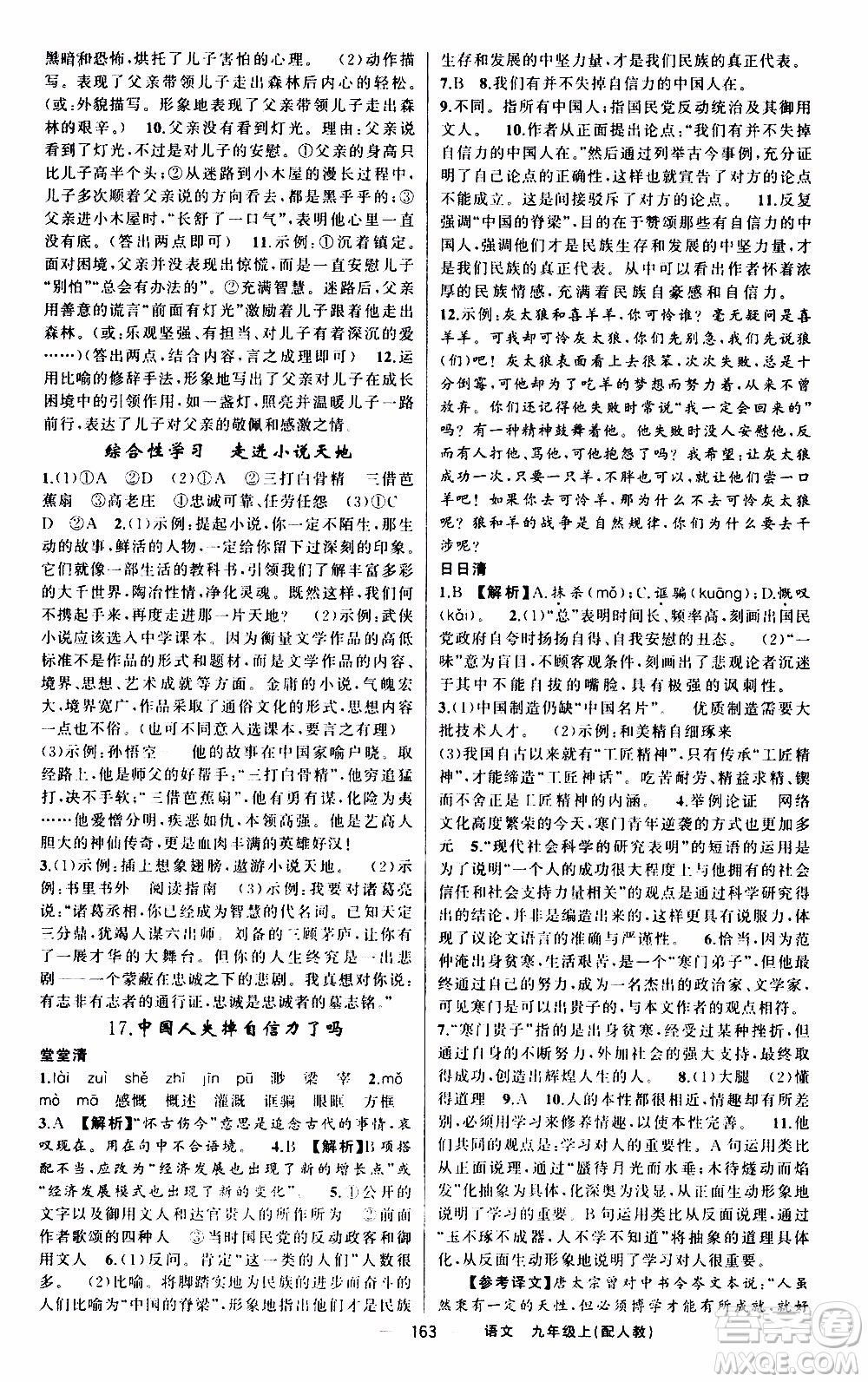 2019年我的書會(huì)講課四清導(dǎo)航語(yǔ)文九年級(jí)上RJ人教版參考答案