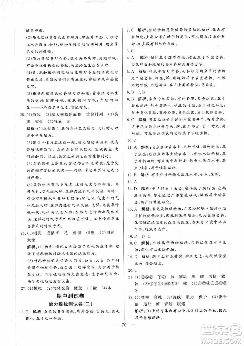 山東文藝出版社2019初中單元提優(yōu)測試卷八年級生物學(xué)上冊魯科版答案