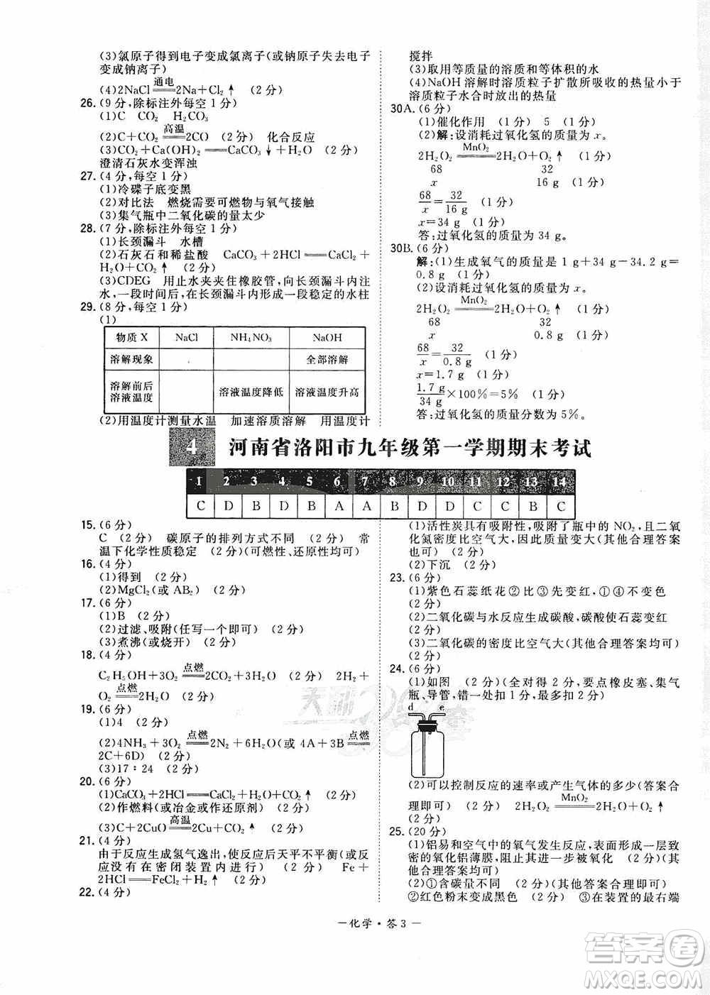 西藏人民出版社天利38套2019-2020初中名校期末聯(lián)考測試卷化學九年級第一學期人教版答案