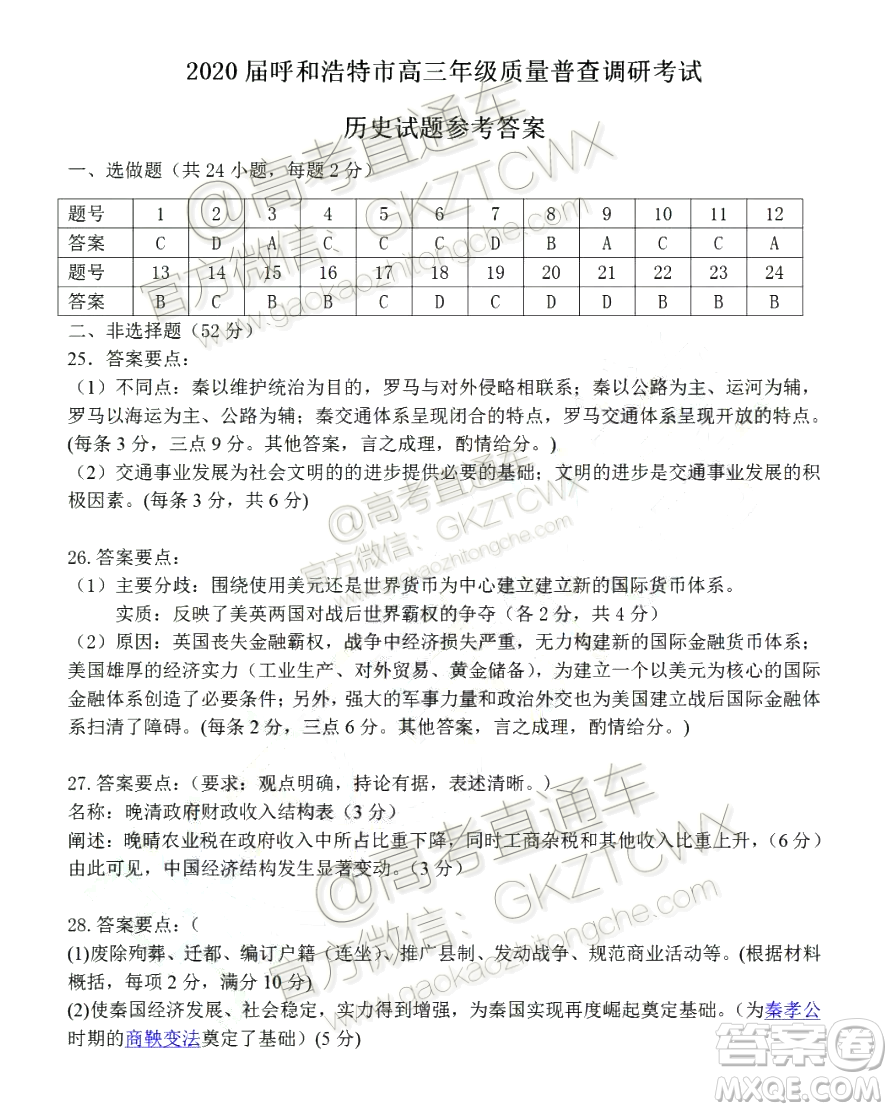 2020屆呼和浩特高三12月質量普查調研考試歷史答案