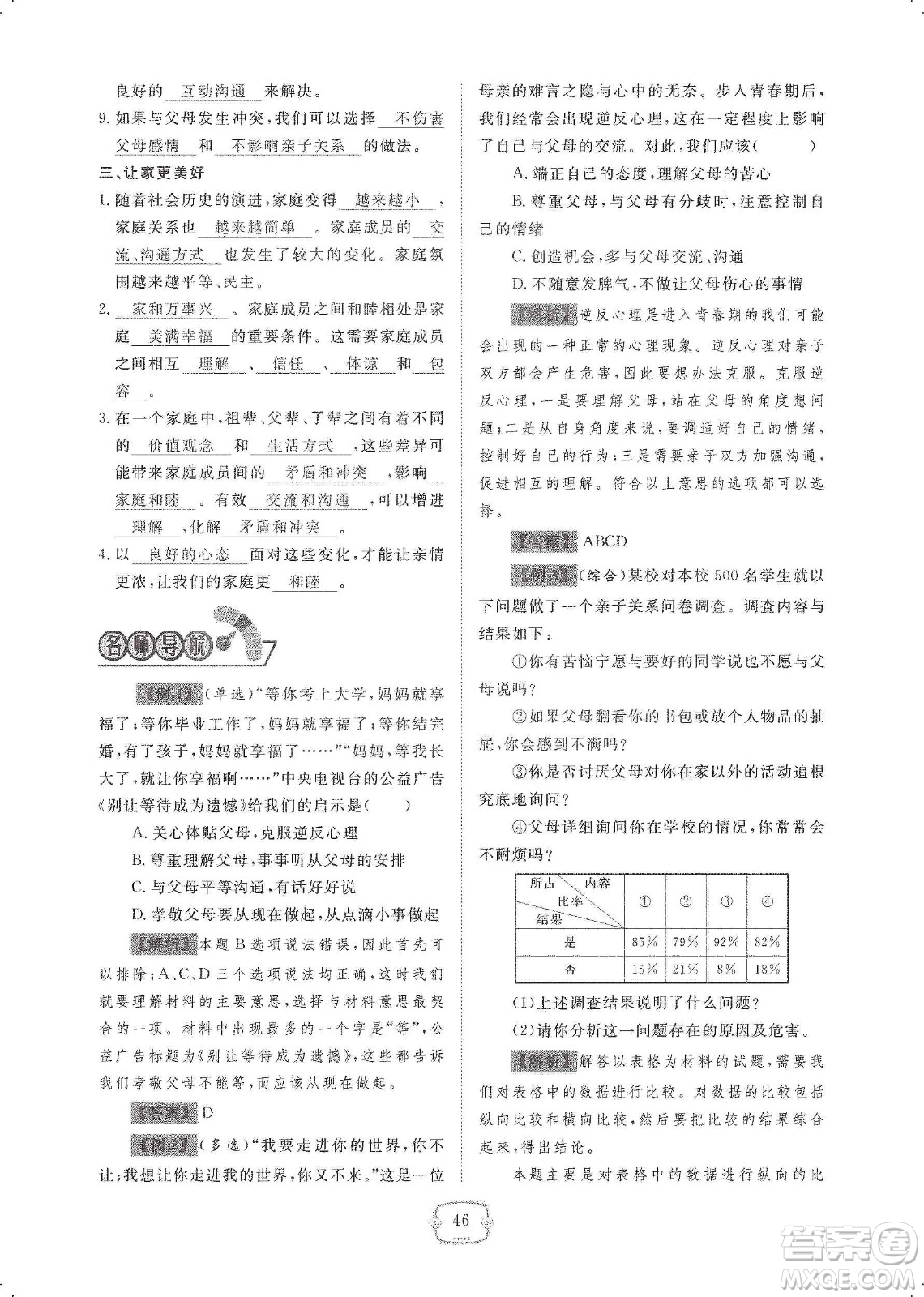 芝麻開花2019領(lǐng)航新課標(biāo)練習(xí)冊(cè)七年級(jí)道德與法治上冊(cè)人教版答案
