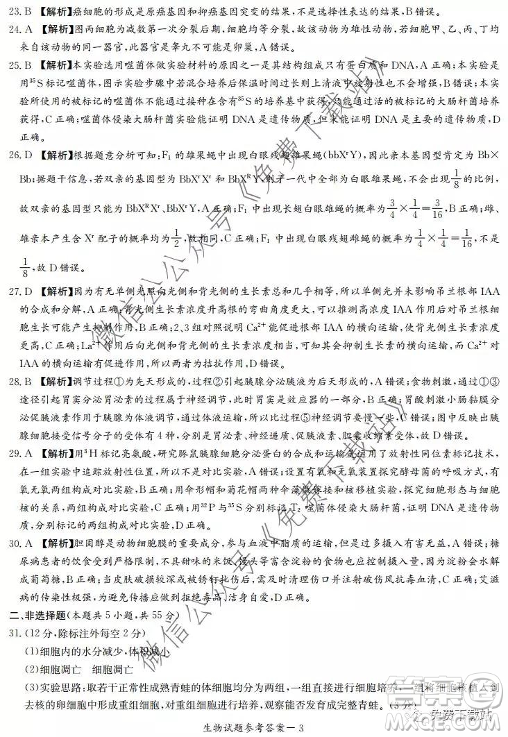 湘豫名校2020屆高三年級12月聯(lián)考生物答案