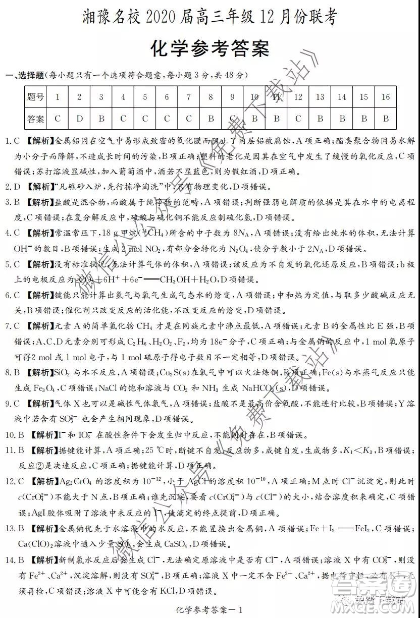 湘豫名校2020屆高三年級12月聯(lián)考化學答案