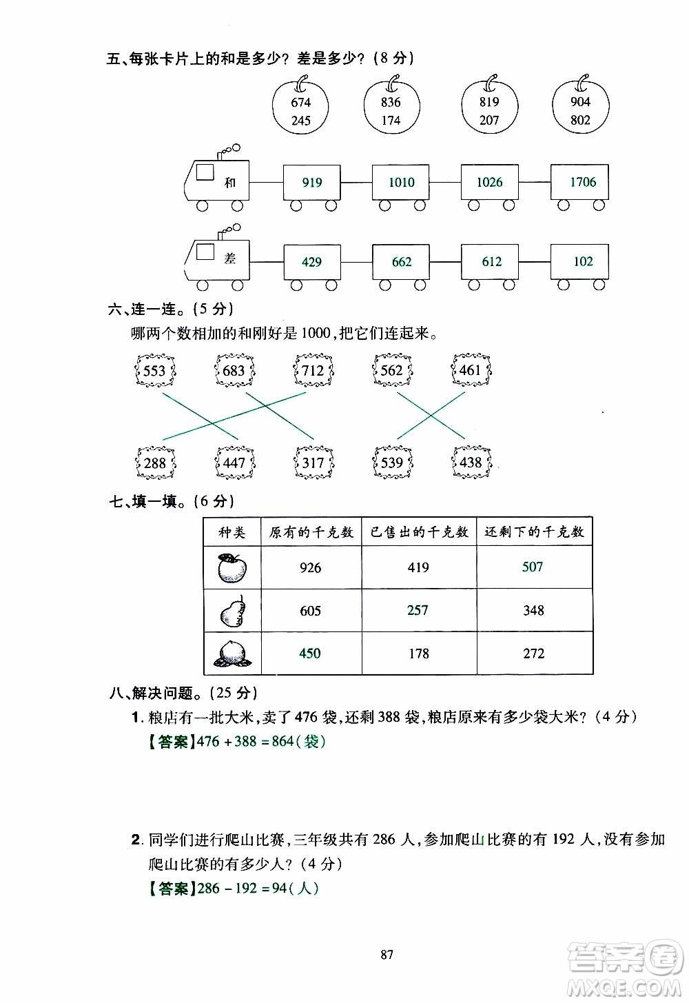2019年學海樂園數學三年級上冊RJ人教版教師用書參考答案