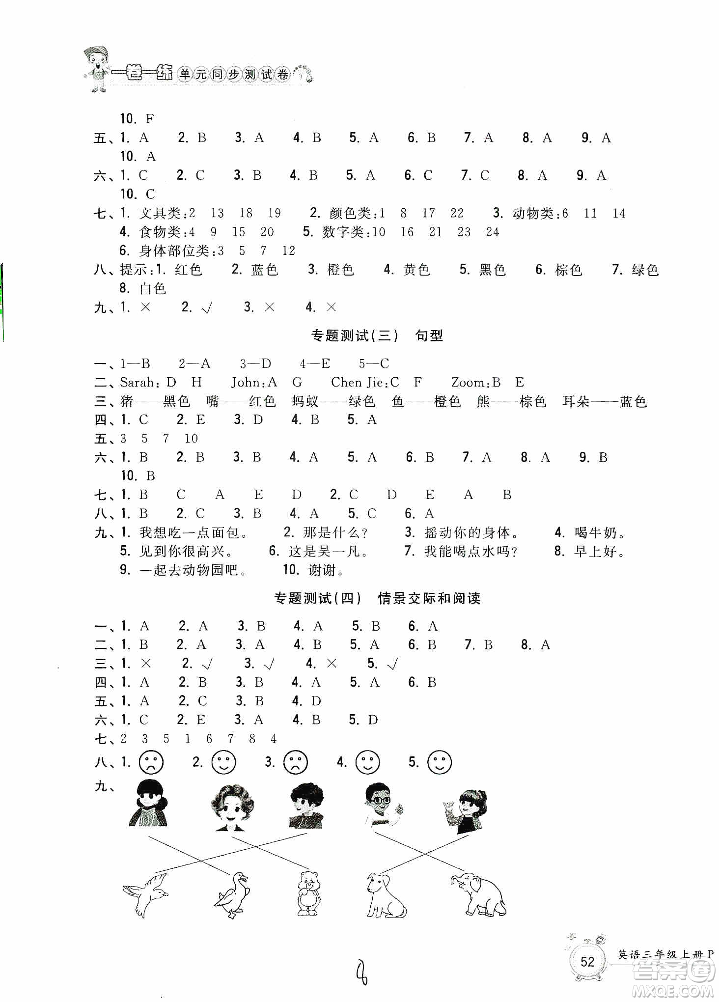 浙江工商大學(xué)出版社2019一卷一練單元同步測(cè)試卷三年級(jí)英語(yǔ)上冊(cè)人教PEP版答案