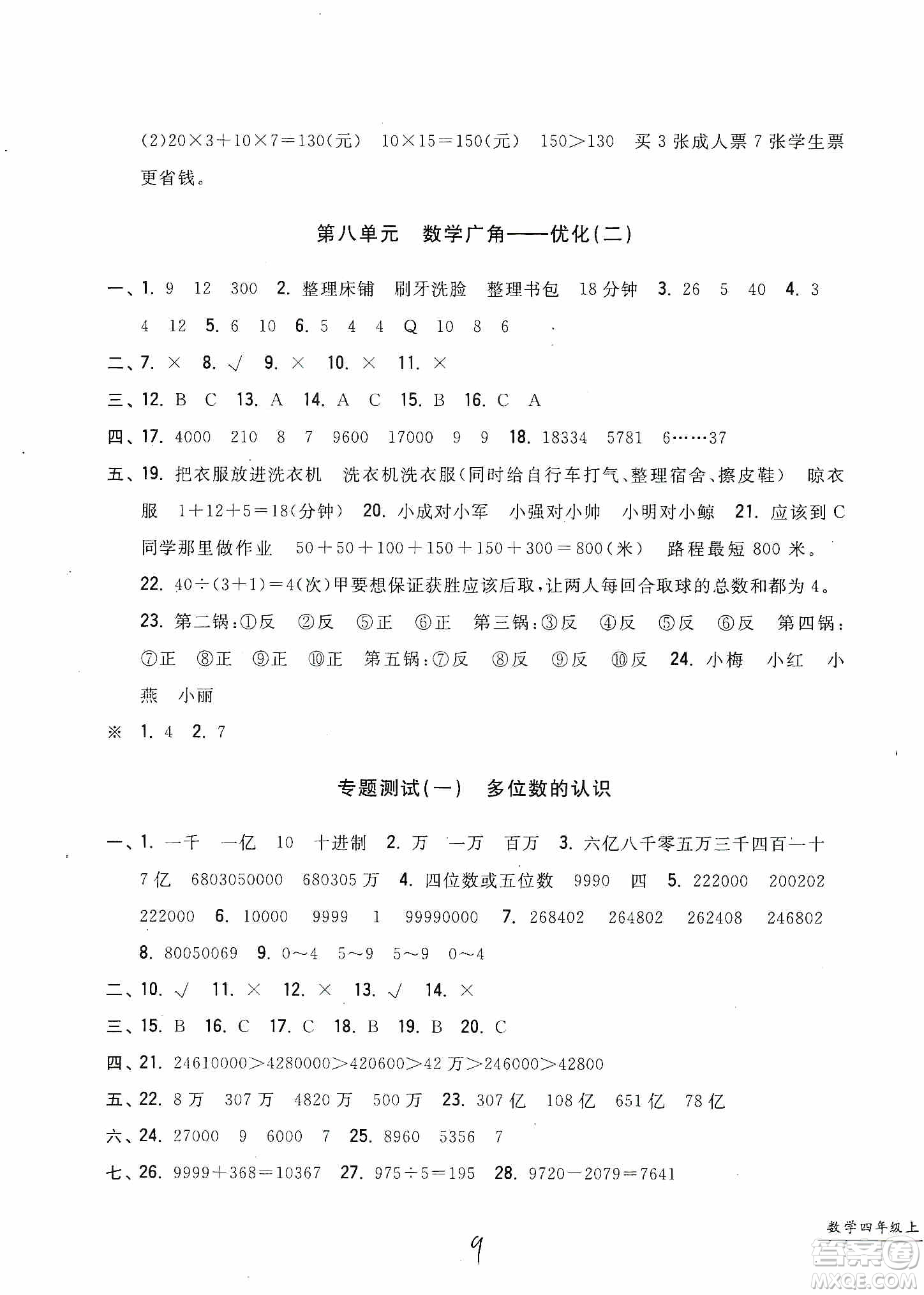 浙江工商大學(xué)出版社2019一卷一練單元同步測試卷四年級上冊數(shù)學(xué)人教版答案