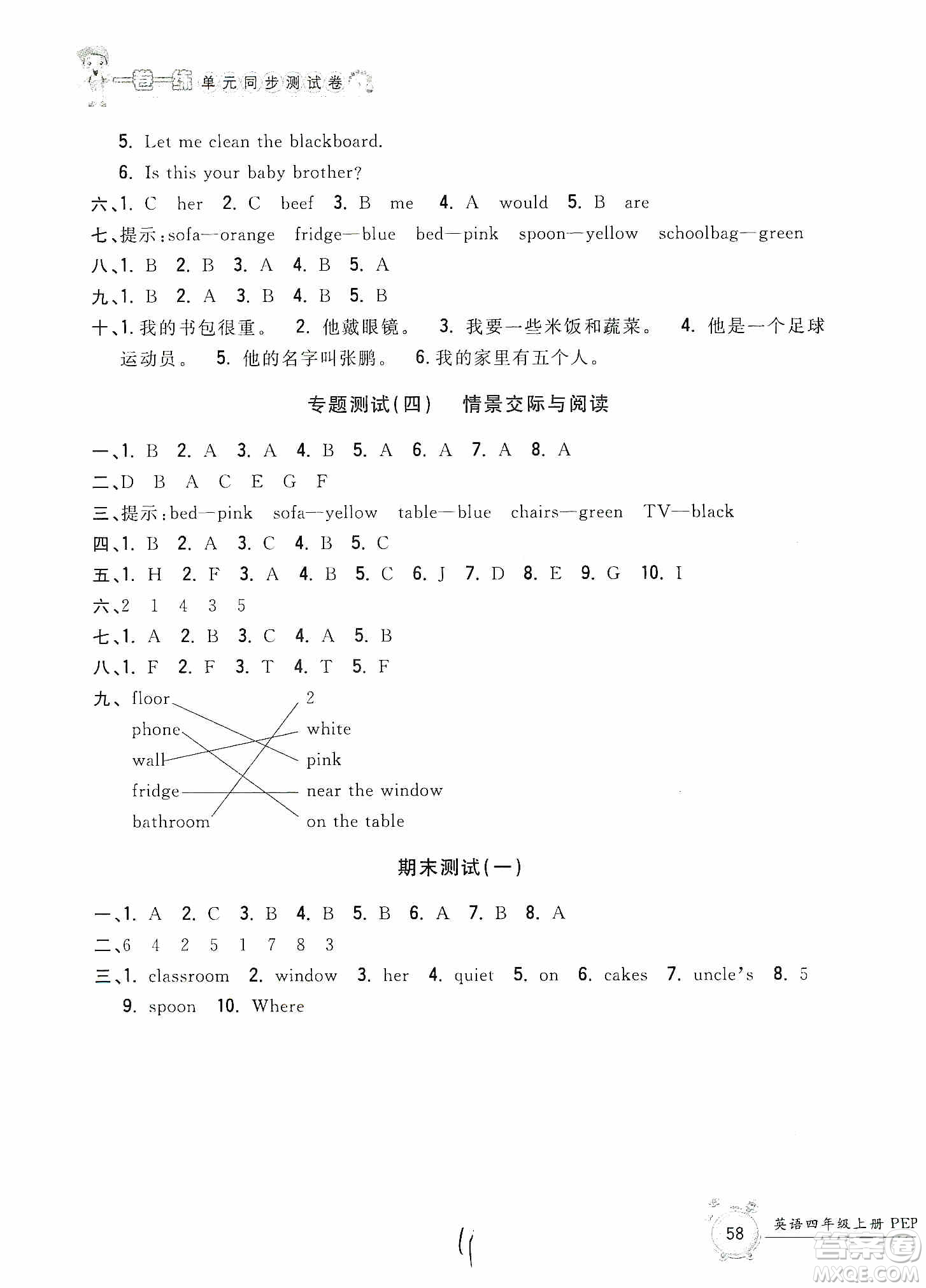 浙江工商大學出版社2019一卷一練單元同步測試卷四年級英語上冊人教PEP版答案