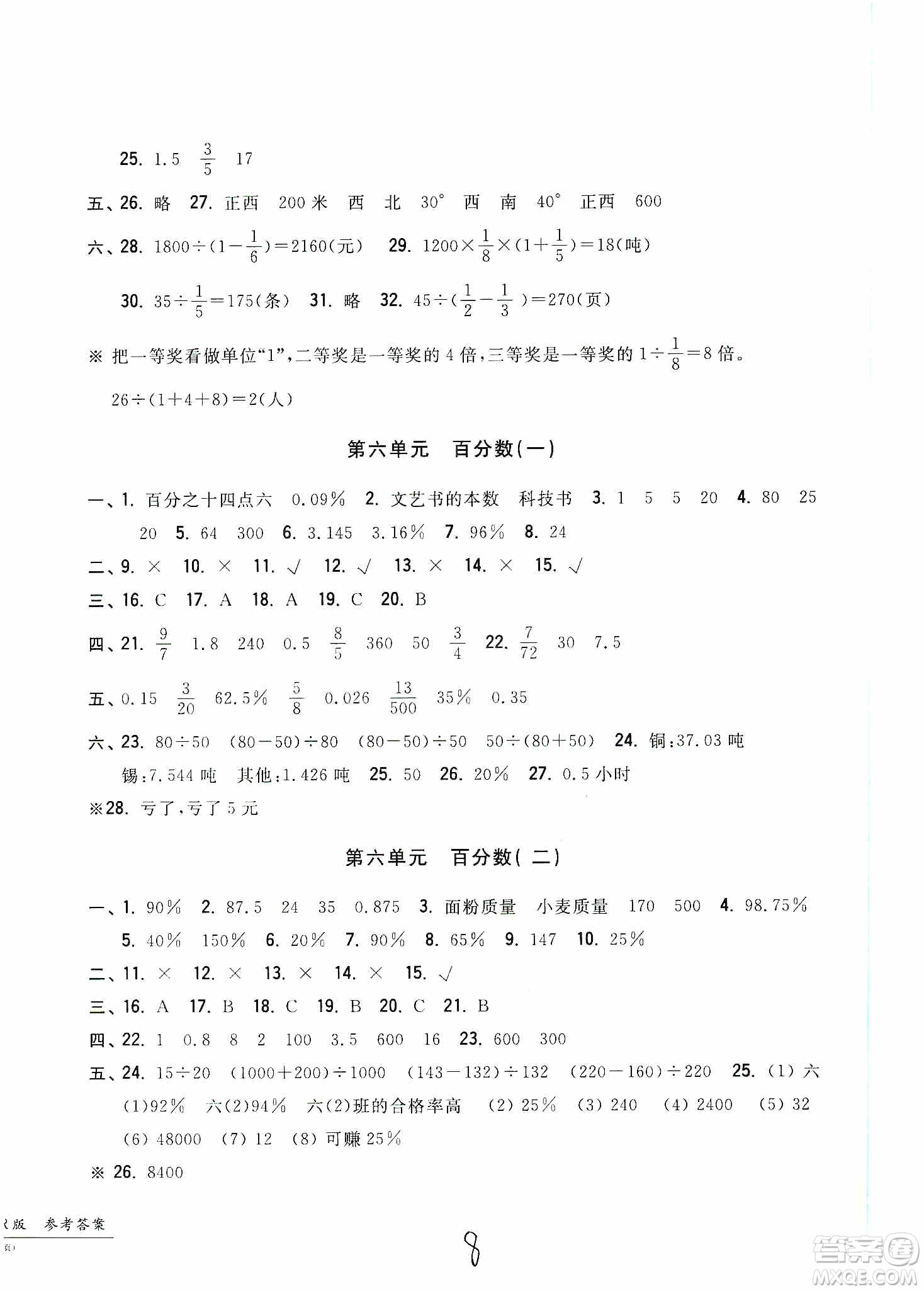 浙江工商大學(xué)出版社2019一卷一練單元同步測試卷六年級數(shù)學(xué)上冊人教版答案