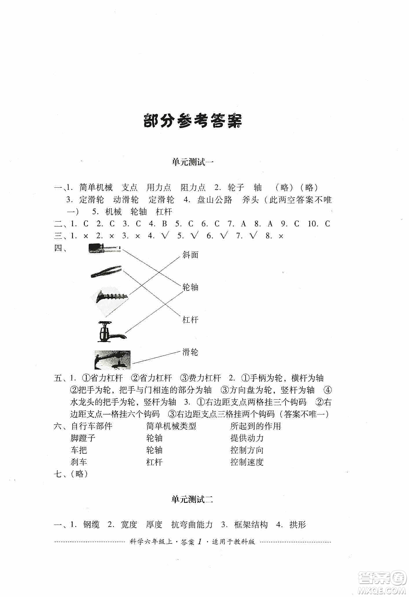四川教育出版社2019課程標(biāo)準(zhǔn)小學(xué)單元測(cè)試科學(xué)六年級(jí)上冊(cè)教科版答案