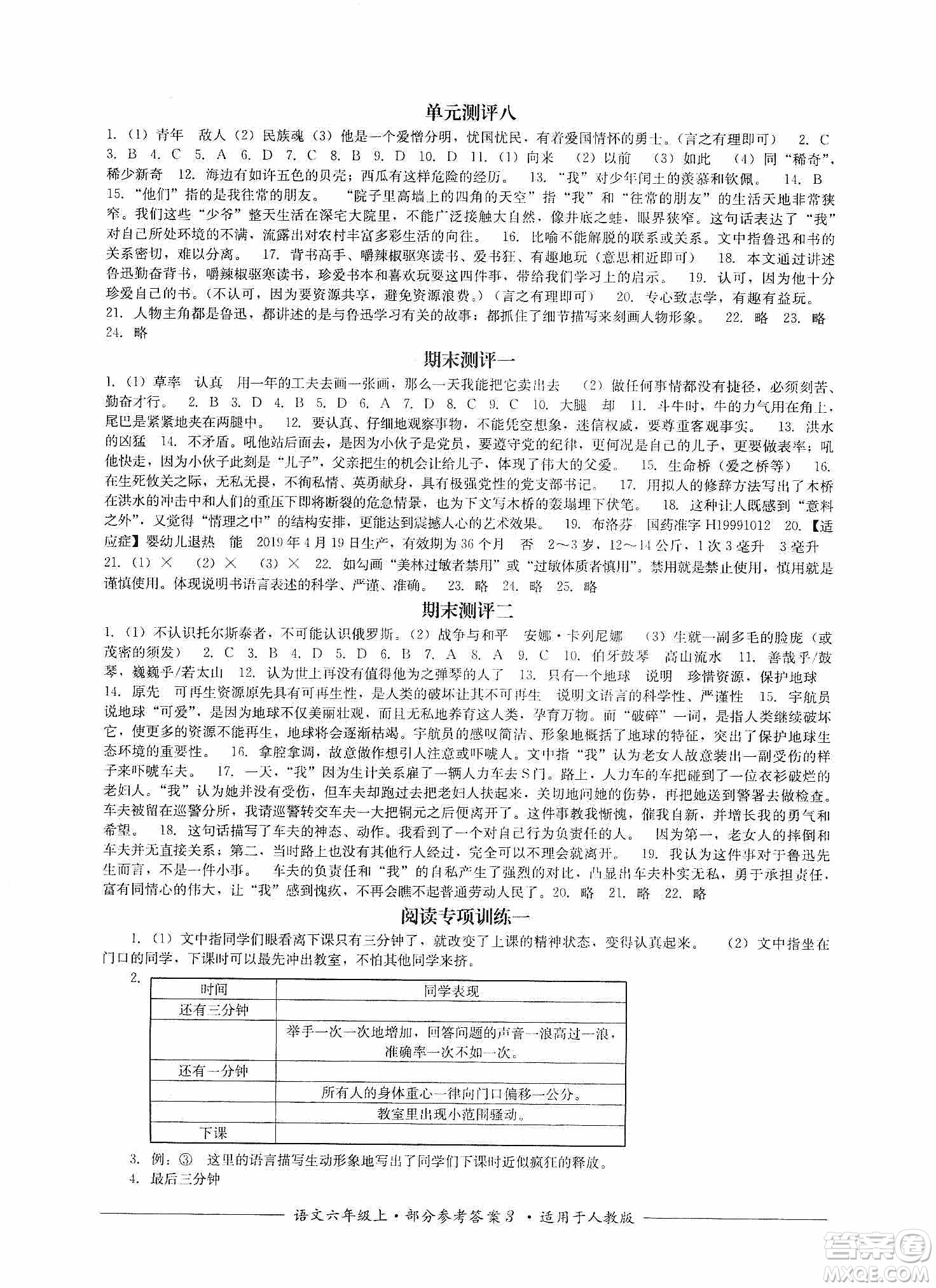 四川教育出版社2019課程標(biāo)準(zhǔn)小學(xué)單元測評六年級語文上冊人教版答案