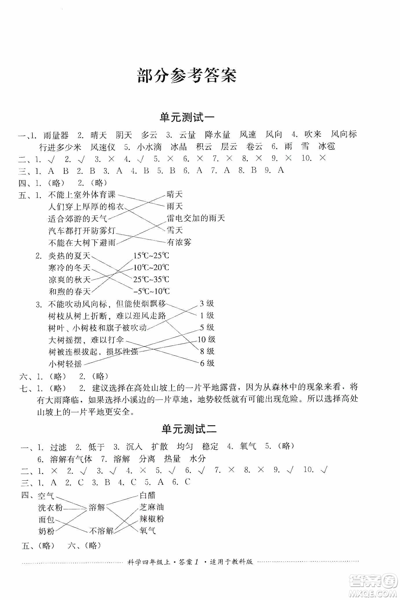 四川教育出版社2019課程標(biāo)準(zhǔn)小學(xué)單元測試四年級科學(xué)上冊教科版答案
